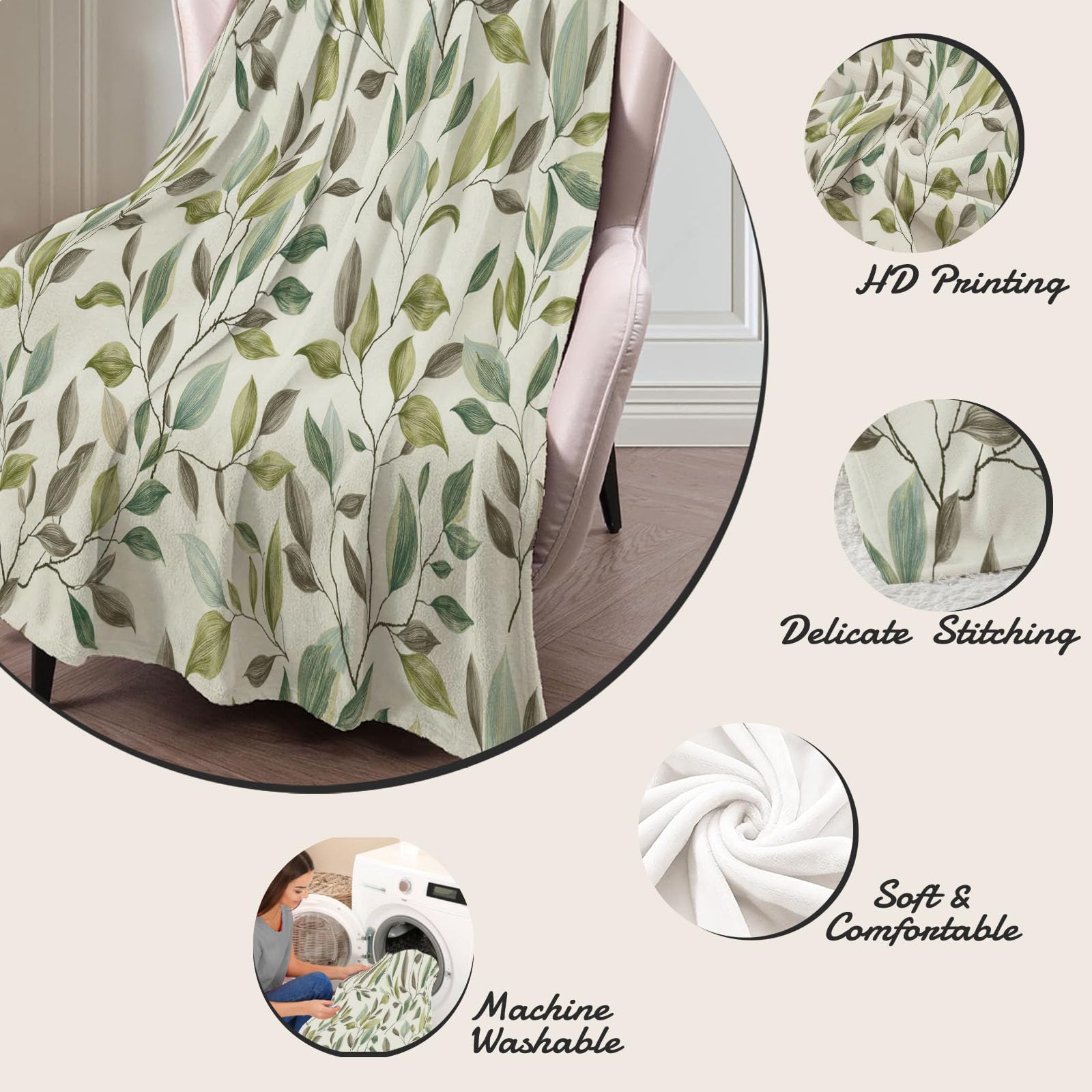 Manta Verde Claro - Manta con Estampado Hojas Y Ramas De Eucalipto Acogedora, Mantas Plantas Naturales Y Elegantes Franela Ligera Suave, para niñas niños Adultos Cama sofá 180x200 cm