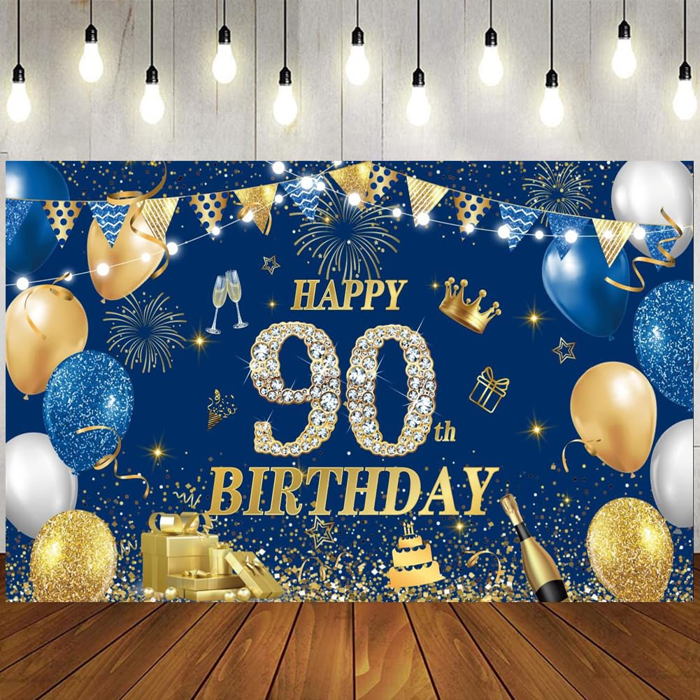 Yontree Happy 90th Birthday Banner Blue Gold, 1.8 x 1.1 m Happy Birthday Backdrop Banner Navy Blue Gold 90th birthday Decorations for Men Women 90 Years Old BIRTHDAY Anniversary Party Supplies