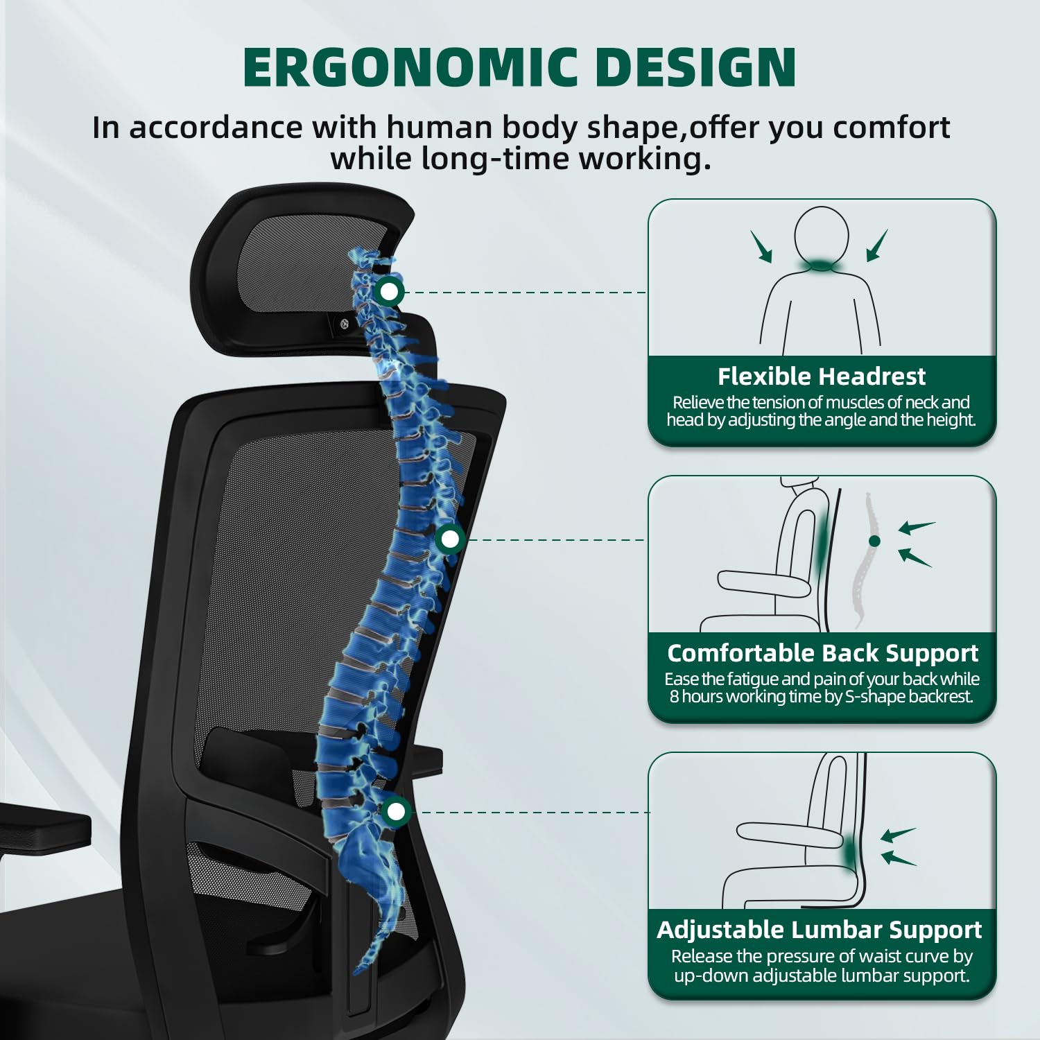 Bürostuhl Ergonomisch, Ergonomischer Bürostuhl mit Verstellbarer Lendenwirbelstütze, Armlehnen und Kopfstütze, Drehstuhl Schreibtischstuhl, Bürostuhl 150 kg Chefsessel Wippfunktion bis 135°