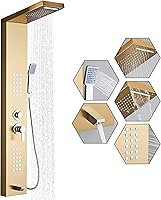 HSYLYPA 5-in-1 Stainless Steel Shower Panel Tower - Rainfall, Waterfall, Handheld, Body Massage & Tub Spout - Brushed Gold