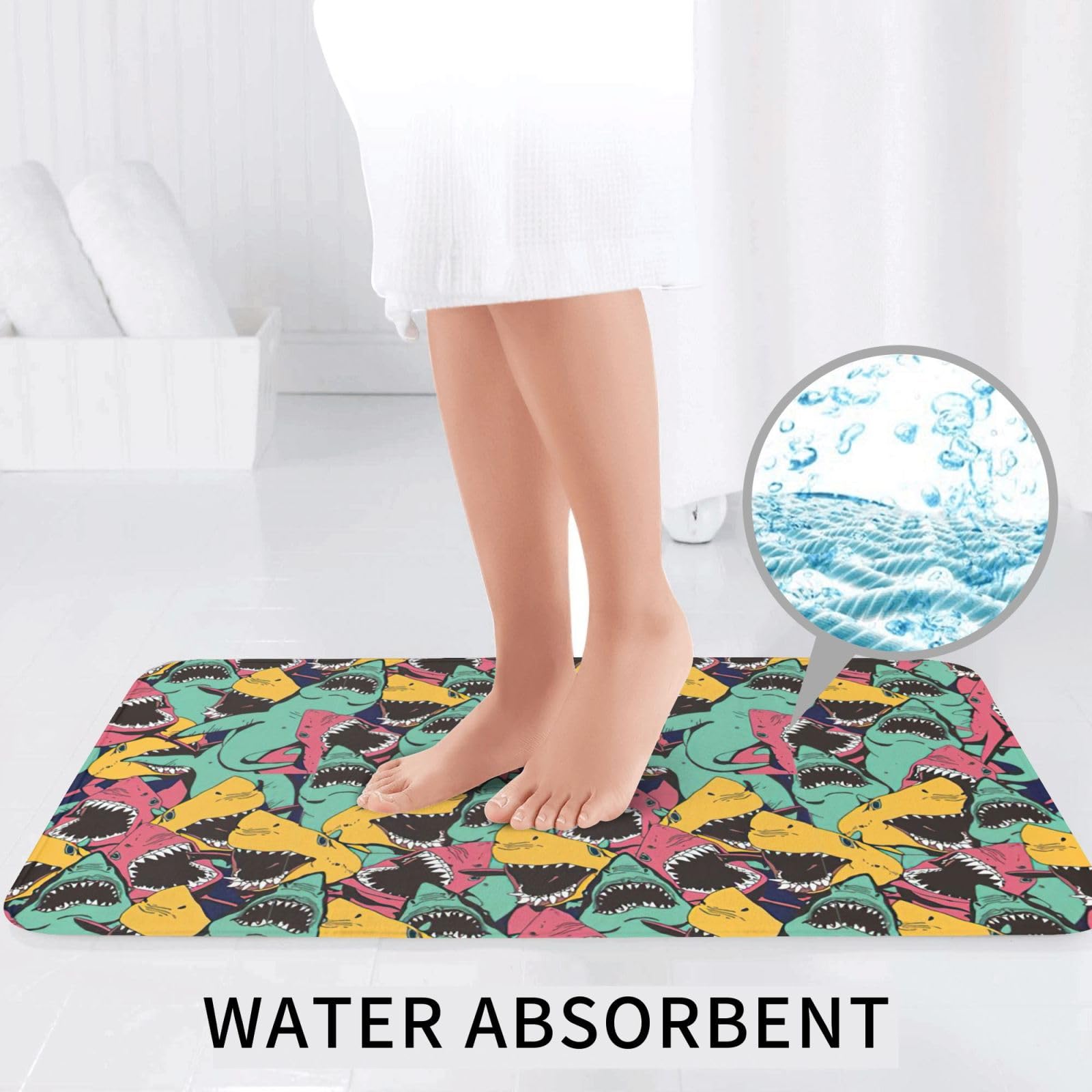 BREAUX Tapis de sol antidérapant motif requin, tapis de sol de salle de bain, couverture de douche antidérapante 3 pièces