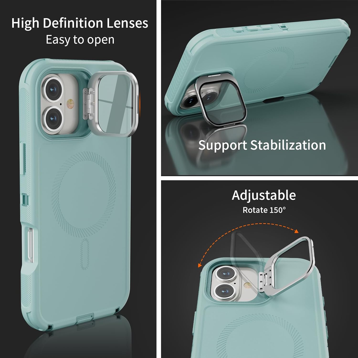 for iPhone 16 Plus Case with Stand & Built-in Camera Cover, MagSafe Compatible, Heavy-Duty Shockproof Protection, Magnetic & Rugged Phone Cover for iPhone 16 Plus 6.7'', Mint - Image 6