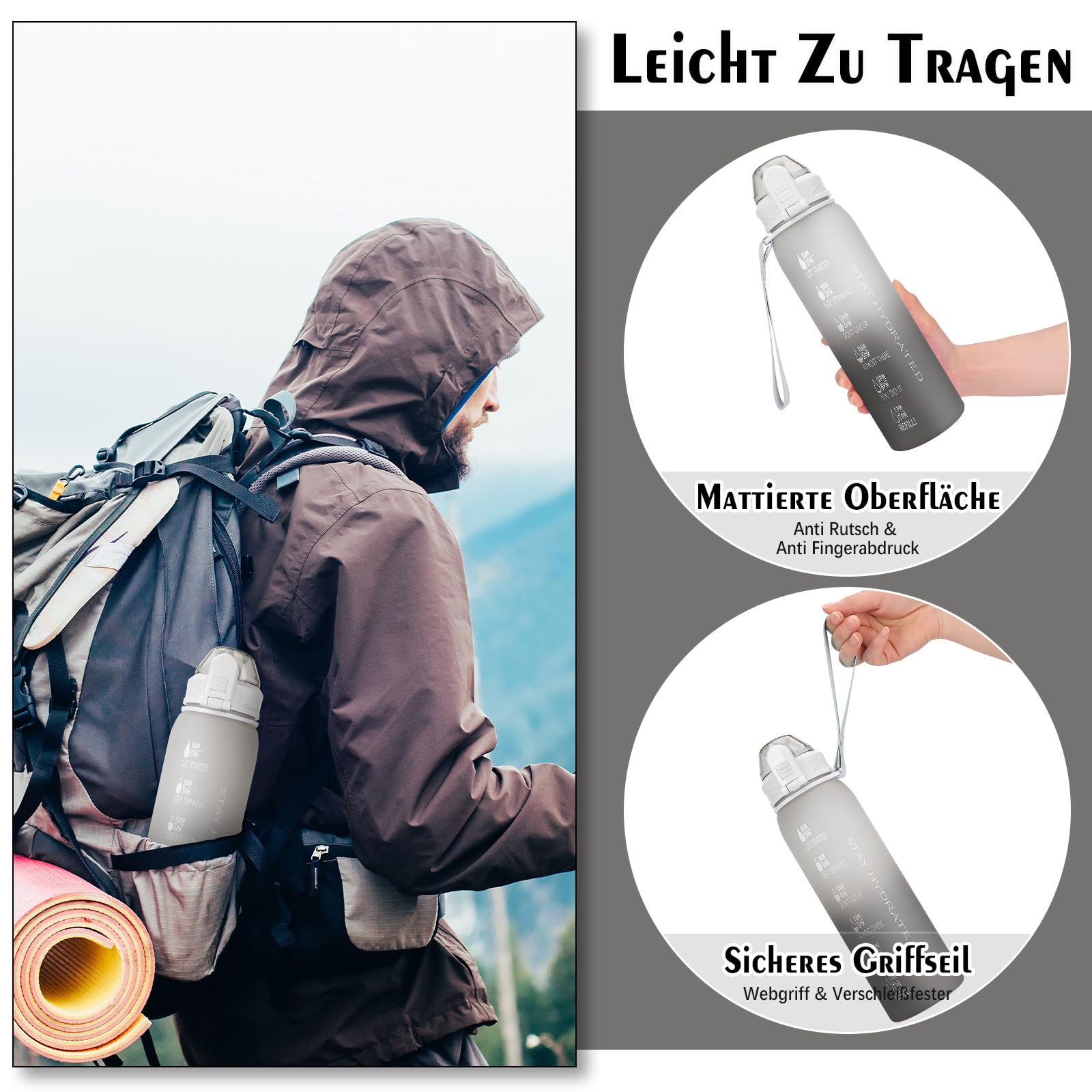 AOPREL Butelka na napoje 1 l, nie zawiera BPA, butelka sportowa, szczelna, ze znacznikami czasu, na rower, do fitnessu, biura, szkoły, jogi, na zewnątrz (1 szt.)