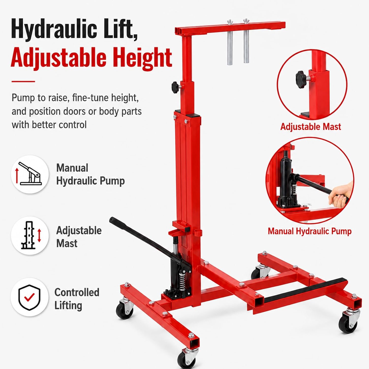 Adjustable Car Door Remover and Installer Door Jack, Heavy Duty Car Jack Stand with 4 Steel Swivel Castors, Trolley Floor Jacks Lift for Disassemble Cars Doors (Red)