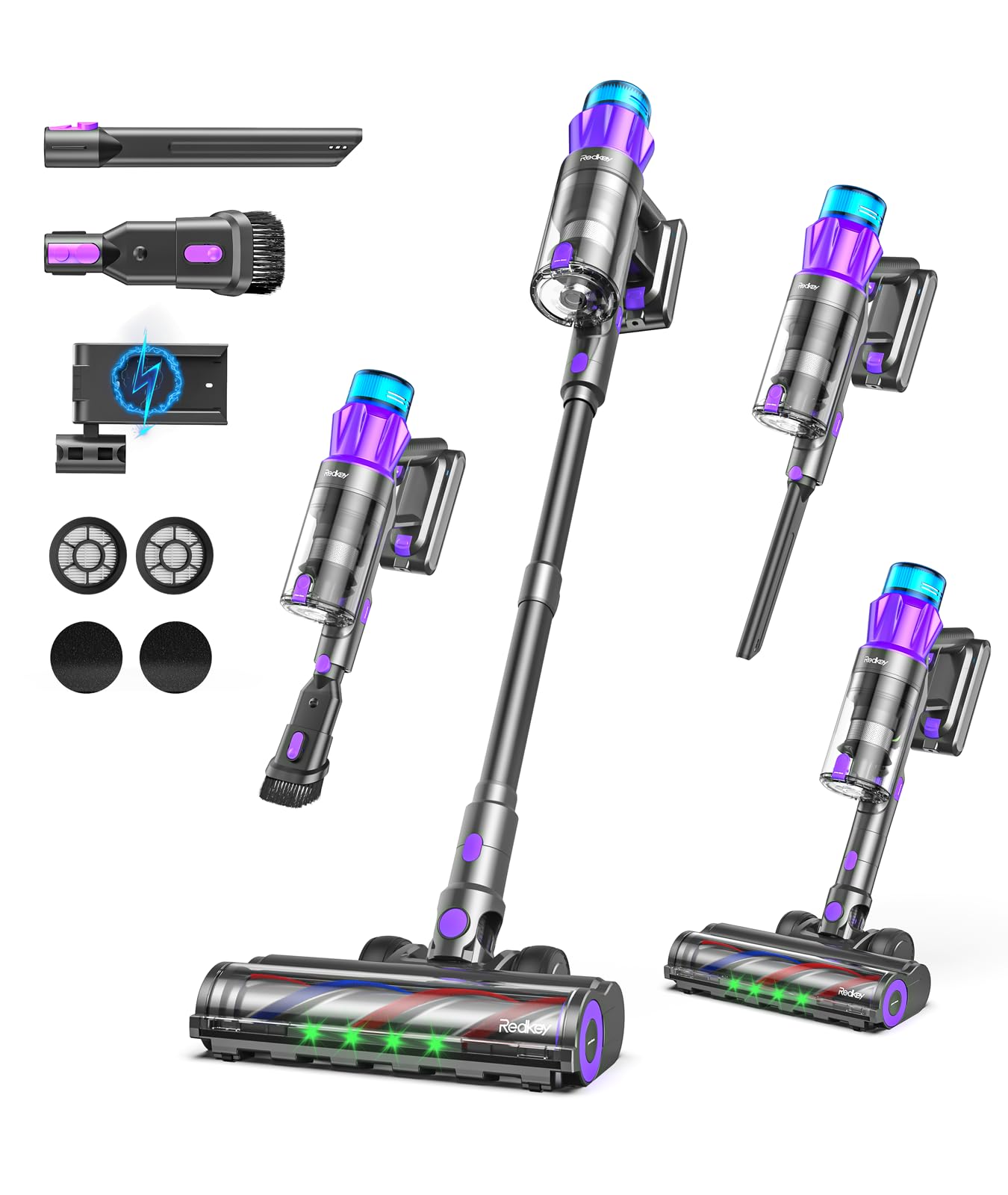 Redkey P9 Pro Aspiradora Sin Cable 68KPa/650W/80 Min, Escoba Aspiradora sin Cable con LED Pantalla, Anti-enredos, Recarga Mural, Aspiradora para Suelos Duros/Alfombras/Pelo Mascotas/Auto