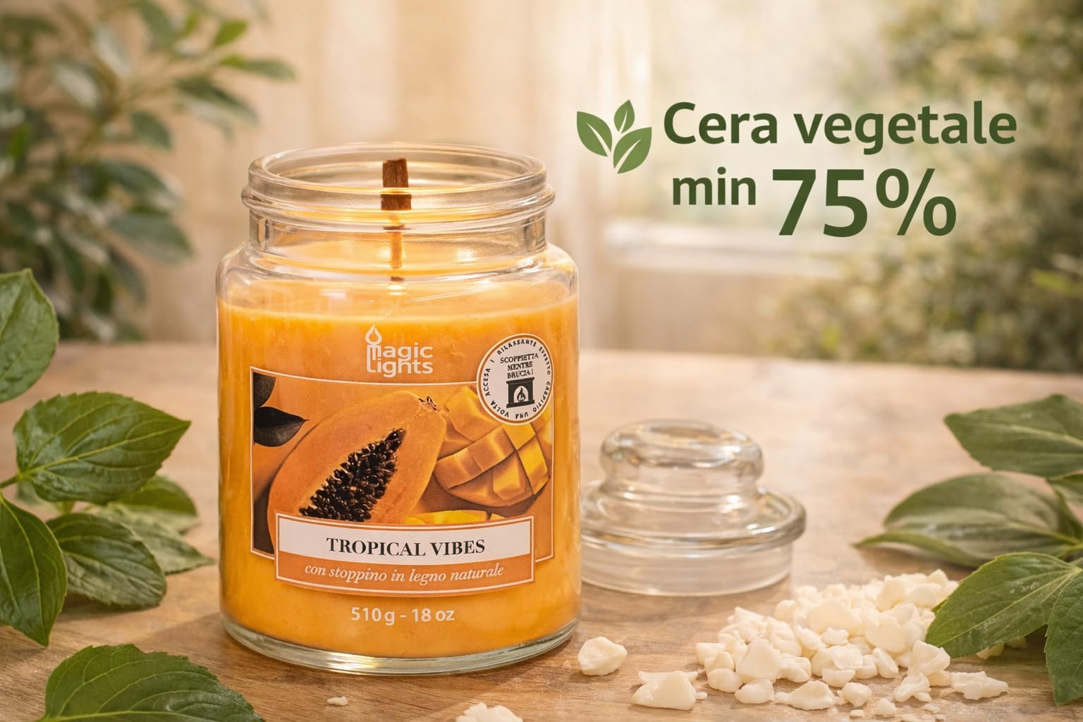 Świeca słoika 510 g Tropical Vibes - Papaya - Mango z woskiem roślinnym min. 75% - naturalny knot drewniany, wyprodukowany we Włoszech