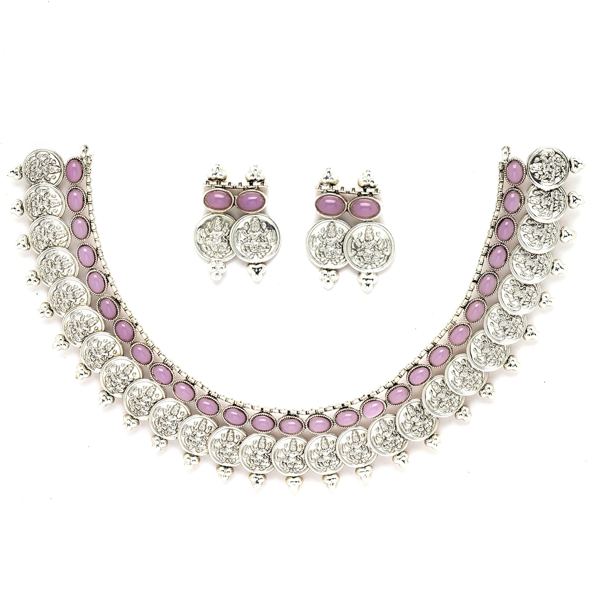 ZENEME New Antique Oxidised Silver Plated Traditional Temple Coin Red American Diamond Studded Necklace With Earrings Jewellery For Women & Girls (Pink) (B0BQJRH5MB) Amazon Price History, Amazon Price Tracker