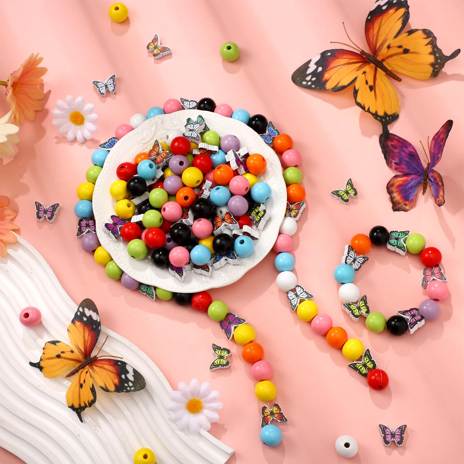Tradder 200 cuentas de mariposa de madera para manualidades con agujeros, cuentas de madera coloridas pulidas a granel, cuentas redondas impresas para hacer joyas, decoración del hogar
