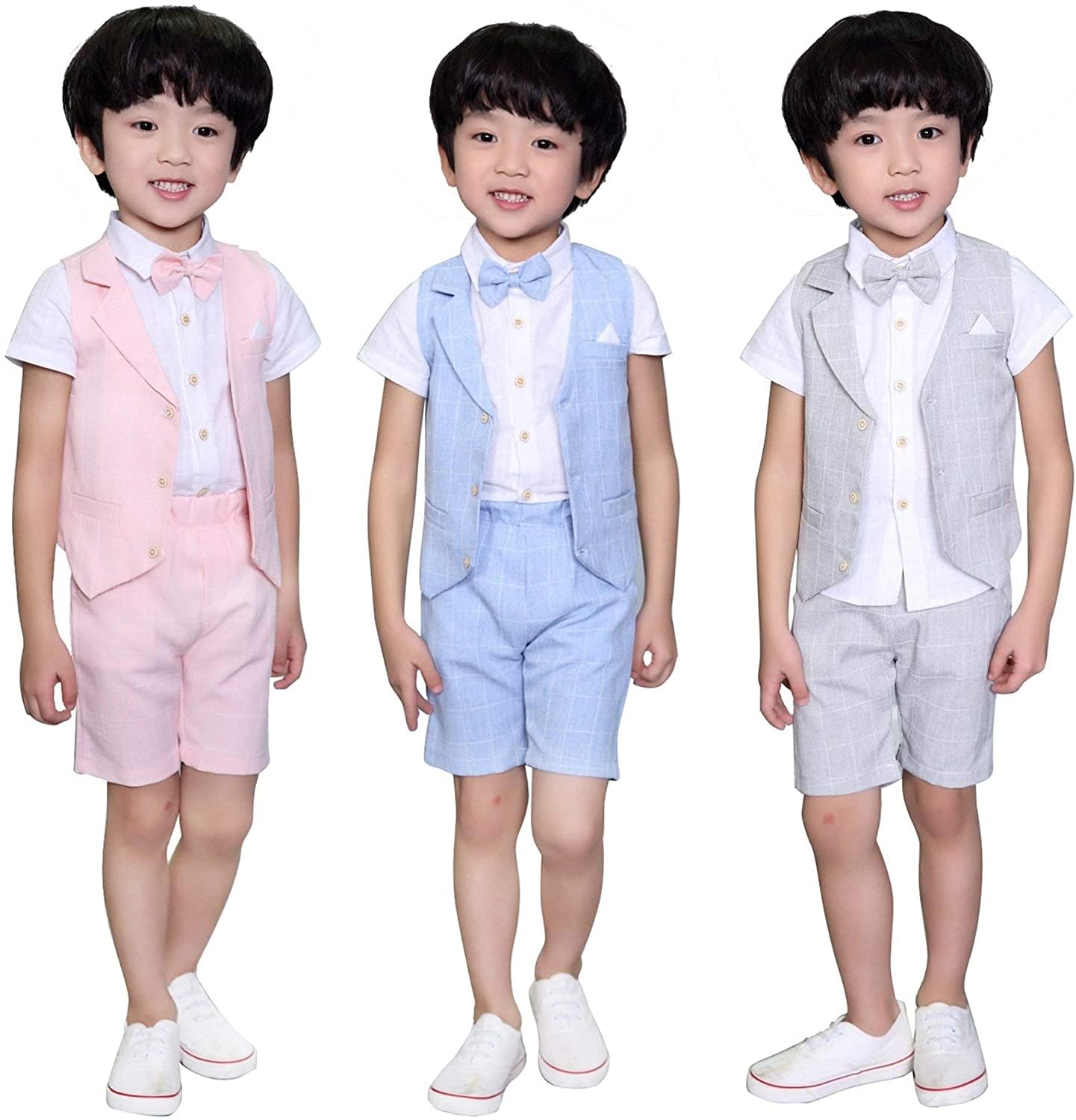 LOLANTA 4 pièces Costume Enfant Garcon Mariage Ete, Vetements Garcon Ceremonie, Ensemble Costume Short Gilet Chemise avec nœud Papillon pour 2-12 Ans