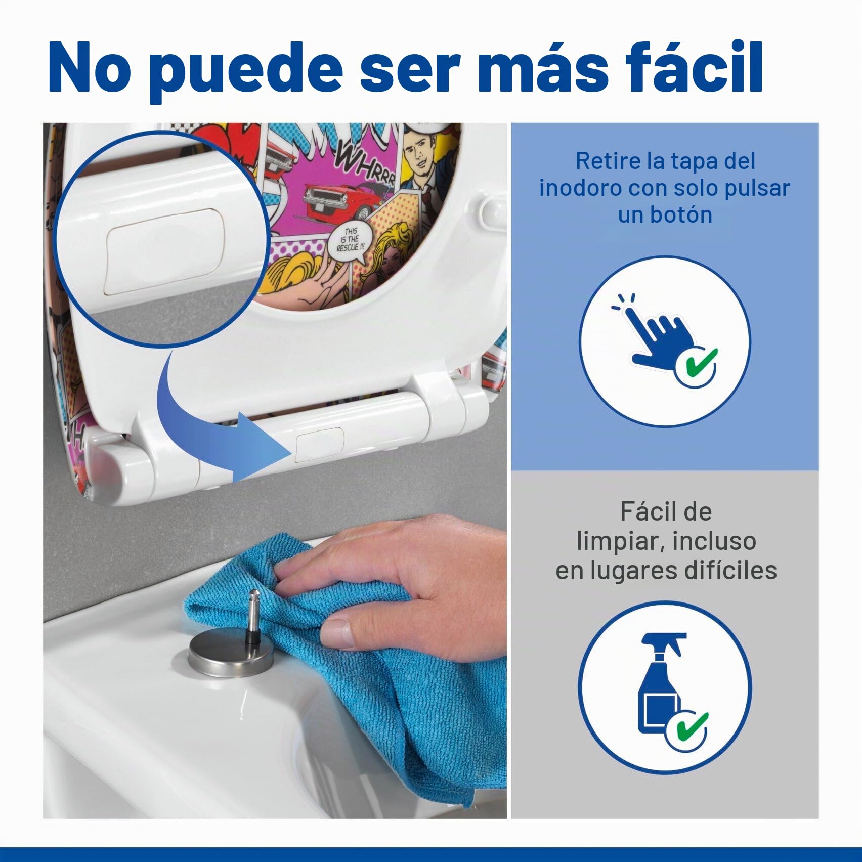 WENKO Tapa de WC Pop-Art - antibacteriano, dispositivo automático de descenso, sujeción higiénica Fix-Clip, Duroplast, 38 x 45 cm, Multicolor