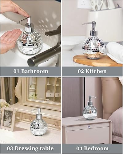 Miniatura 5 de Dispensador de jabón de bola de disco de 2 piezas, dispensador de jabón de espejo de vidrio de 15 onzas con bomba para jabón líquido de manos, jabón