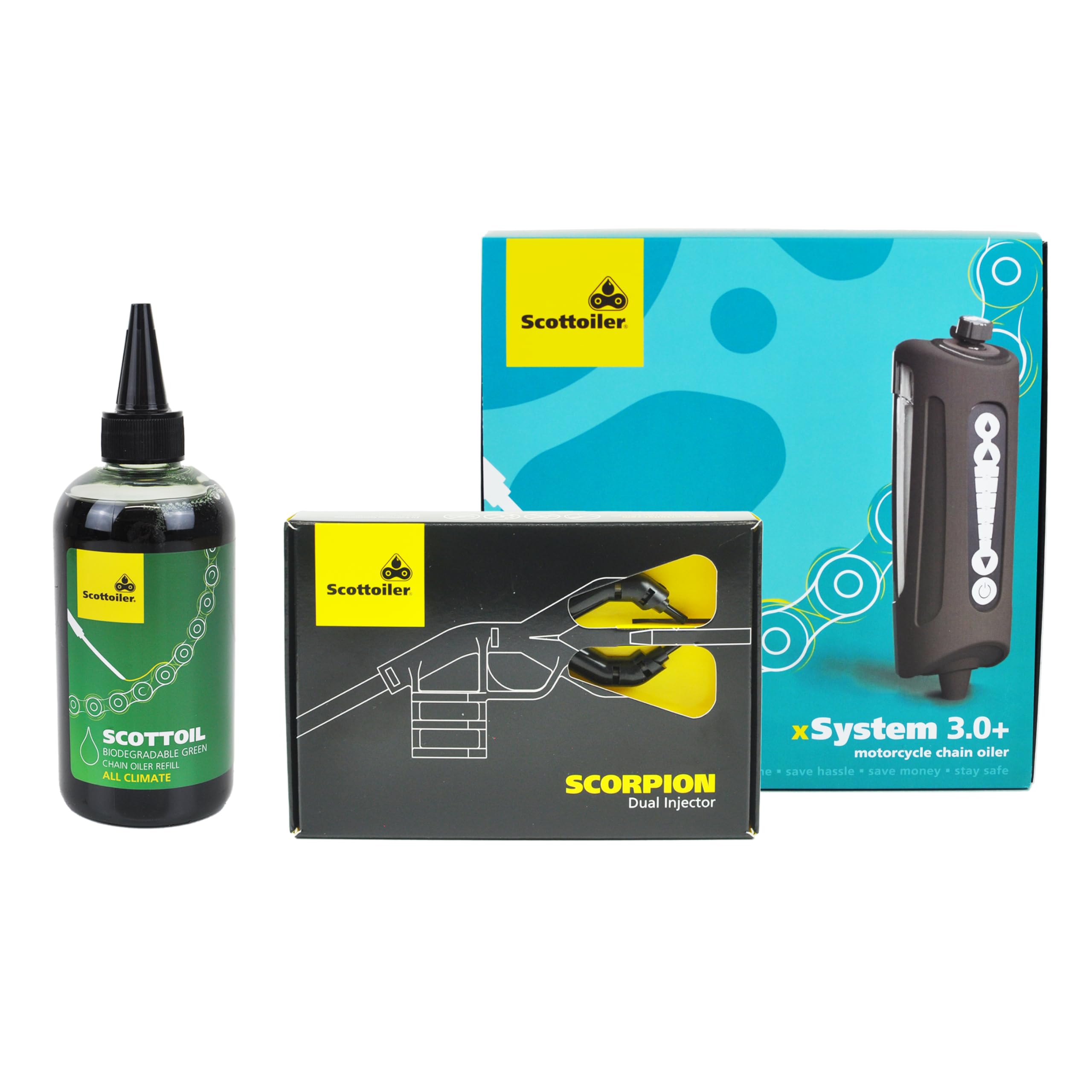 Scottoiler xSystem 3.0+ Elektronisches Automatisches Motorrad-Kettenschmiersystem mit Bluetooth App-Steuerung, biologisch abbaubarem grünem Scottoil & Scorpion Dual Injector - Twin Feed Bundle