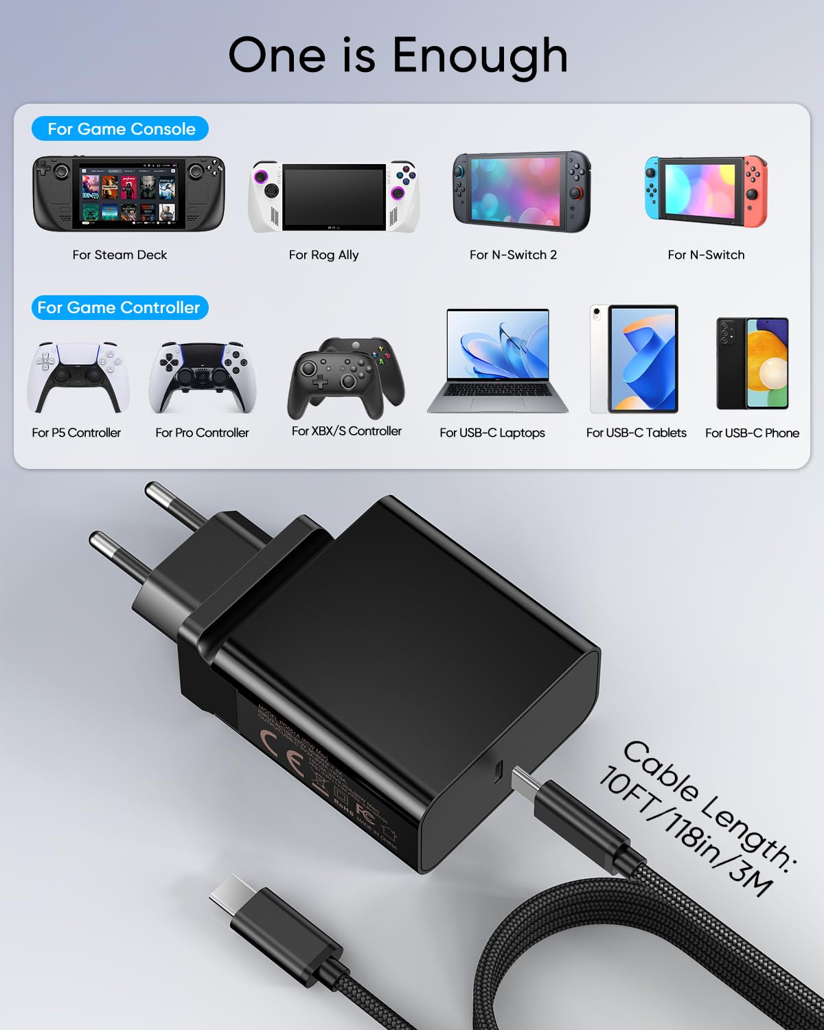 65W Chargeur Rapide USB C pour Steam Deck, pour Nintendo Switch 2 &ROG Ally | Adaptateur Secteur Pliable PD3.0 avec 3M/10FT Câble, pour Station D'accueil TV/Chargeur Switch 2 Console pour PlayStation