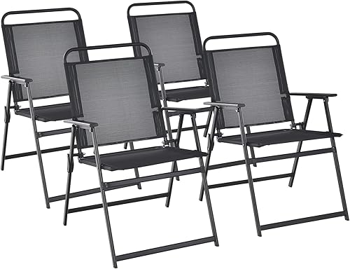 Tangkula Juego de 4 sillas plegables para exteriores, sillas de comedor para patio con asiento transpirable y reposabrazos acogedores, marco de
