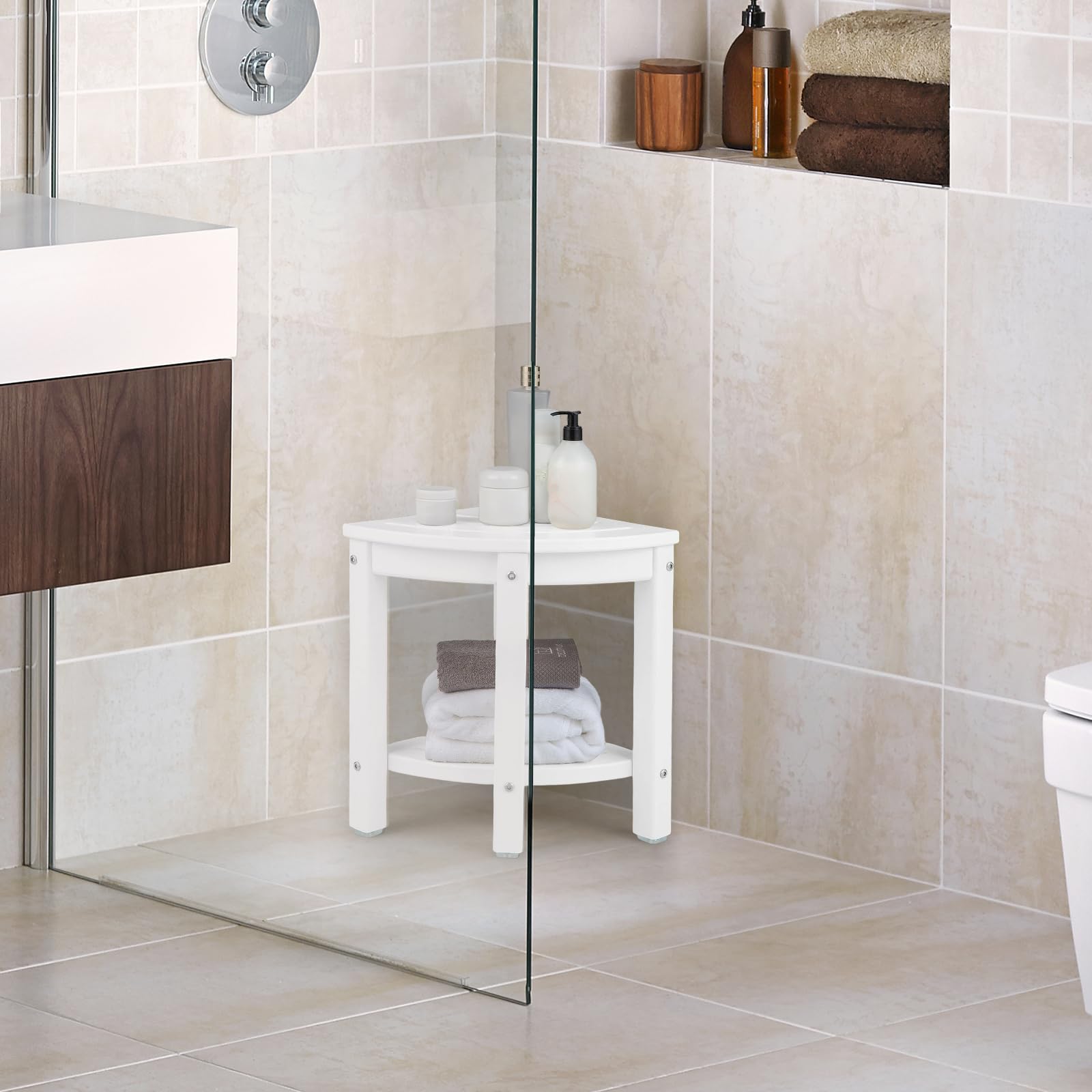 RELAX4LIFE Banco de Ducha Esquinero de 2 Niveles, Taburete de Ducha de HDPE con Estante, Reposapiés de Baño para Espacios Pequeños, Taburete de Ducha Impermeable, Carga 150 kg (Blanco)