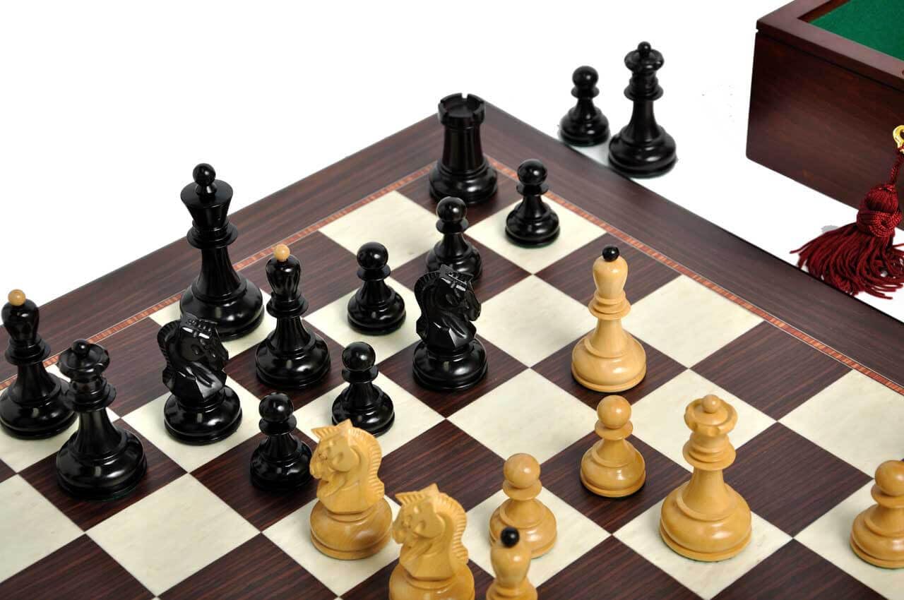 The Dubrovnik Chess Set, Box, Board Combination - Ebonized Boxwood and Natural Boxwood - by The House of Staunton