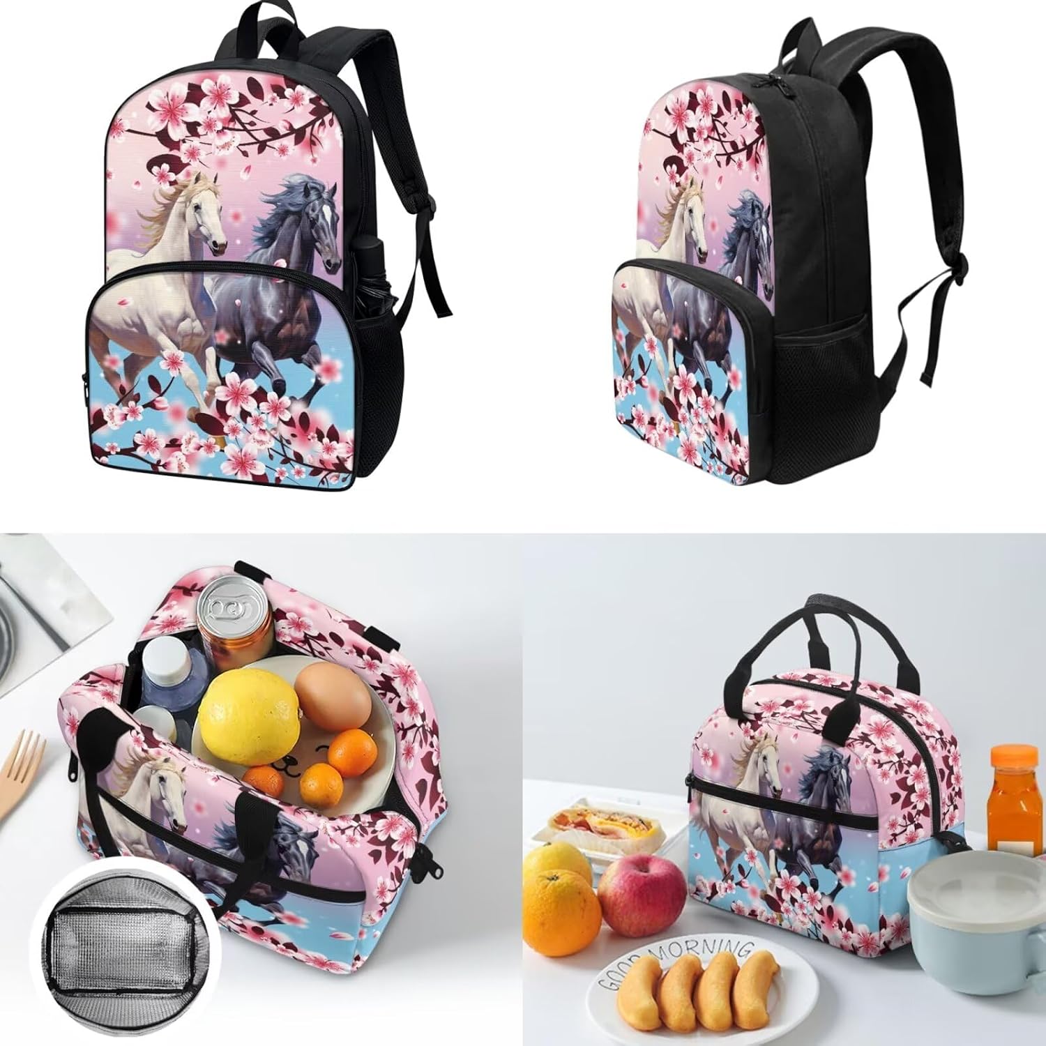 Tuoxiukan Horse Backpack for Girls 10-12 Cherry Blossom Kids Backpack And Lunch Box Set 4th Grade Bookbag for Girls Boys 17 Inch Rucksack with Laptop Compartment and Side Pockets