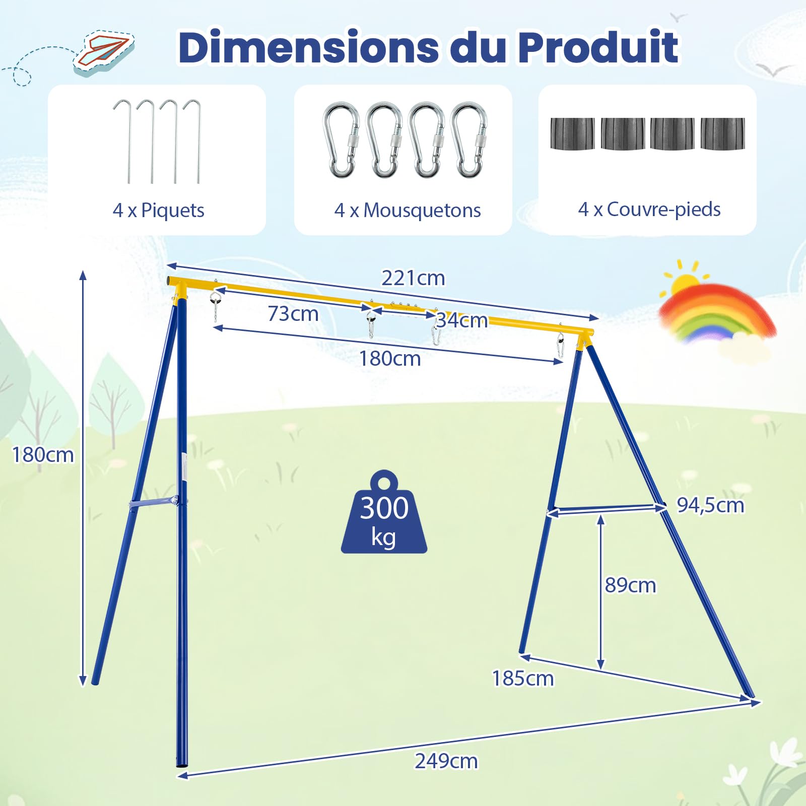 DREAMADE Portique de Balançoire Extérieur 1,8M, Structure Métallique en A pour Enfants 3+, 2 Place, Charge Max 300 KG(Jaune)