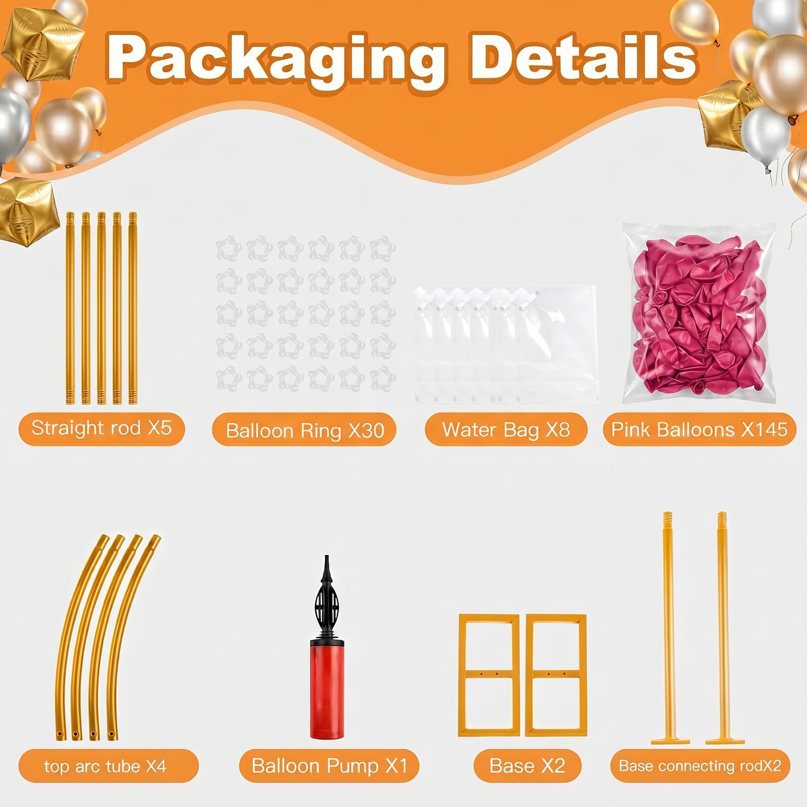 Kit di supporto per arco di palloncini con 145 palloncini rosa di diverse dimensioni, cornice in metallo con 8 sacchetti d'acqua, arco semi-aperto dorato per compleanno, baby shower, decorazioni per