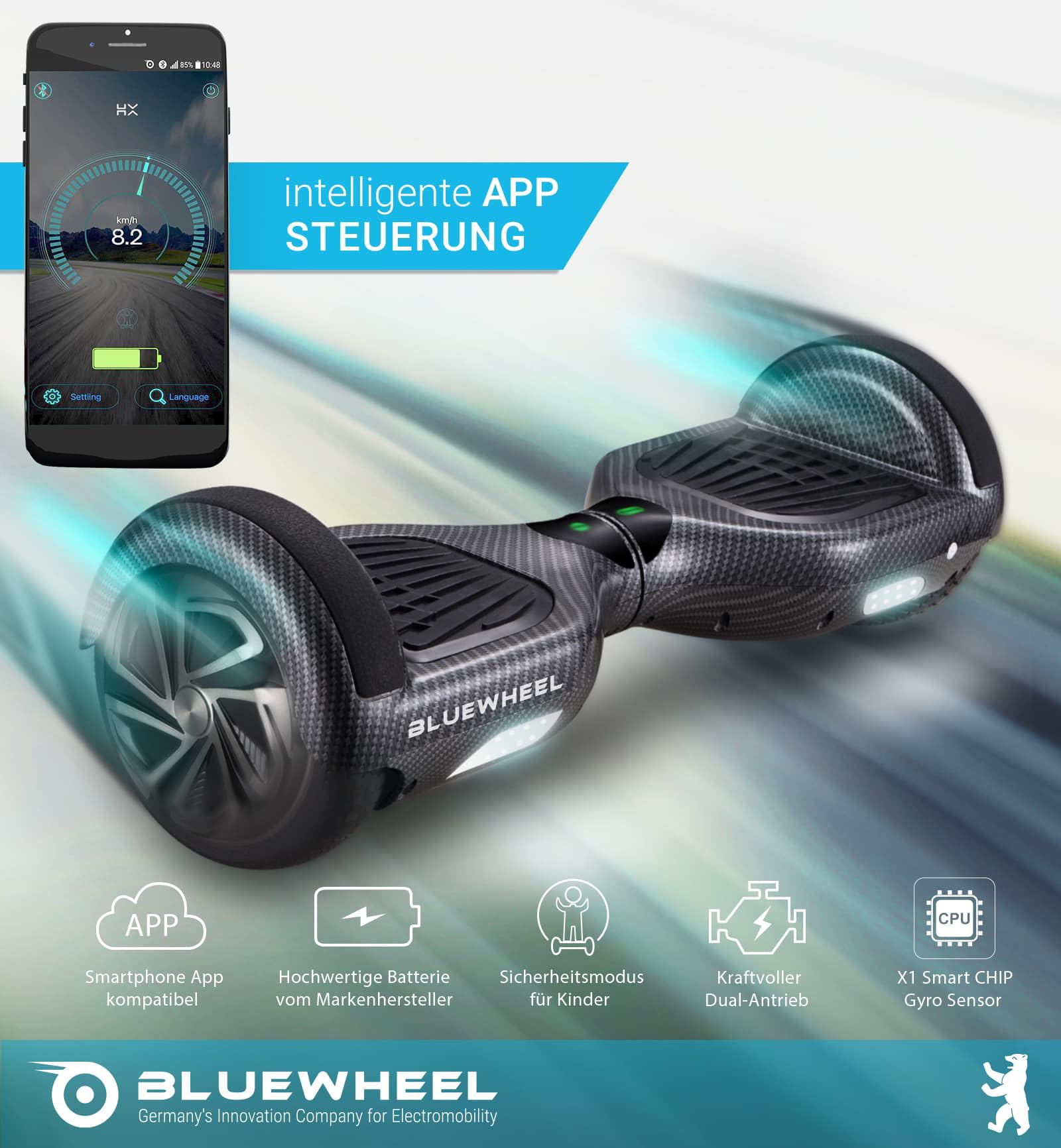 Bluewheel 6,5" Premium Hoverboard HX310s – Elektroboard mit LED, Bluetooth Lautsprecher, starker Dual Motor, HX Hoverboard App-kompatibel, ideal für Kinder & Erwachsene, deutsche Qualitätsmarke