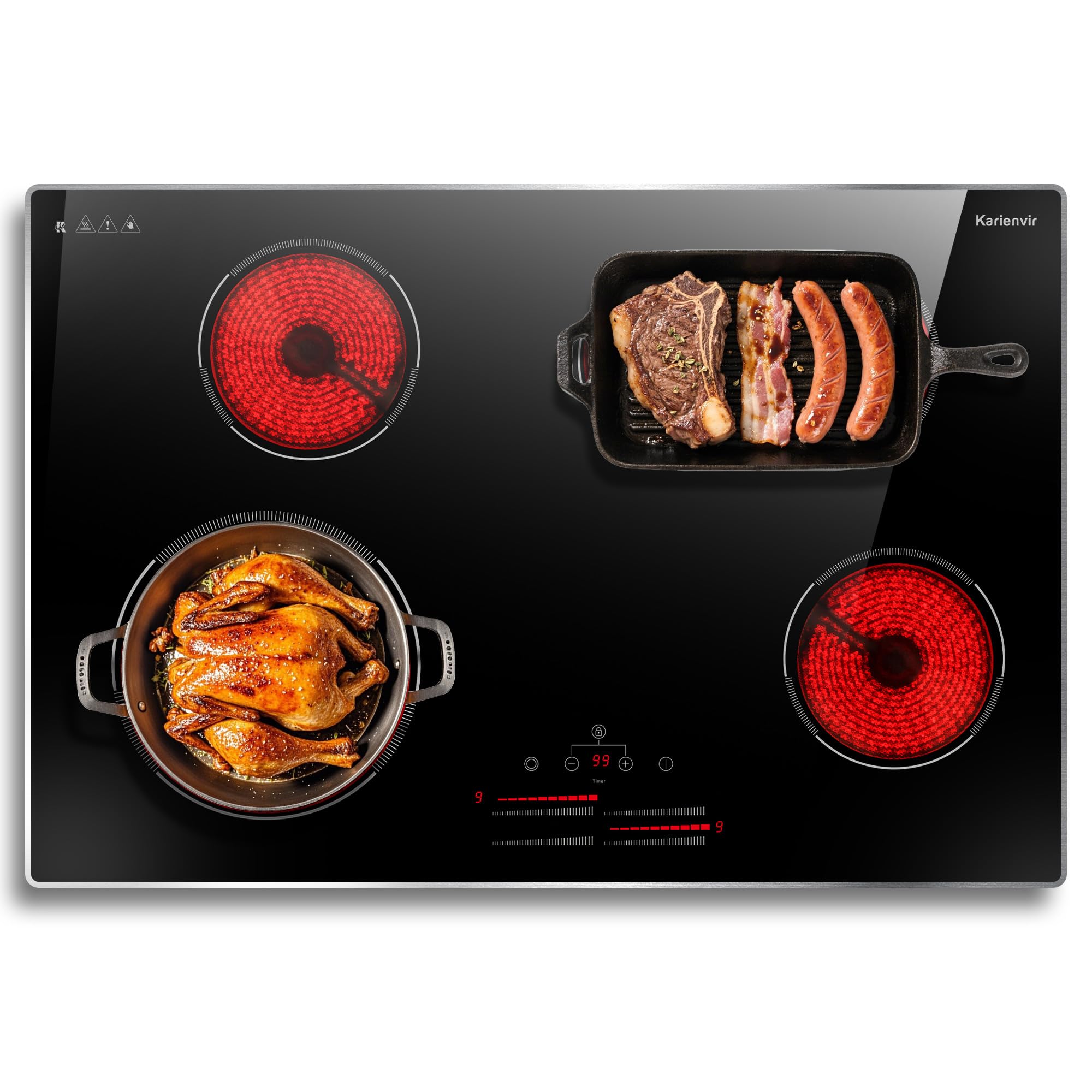 Karienvir Placa Vitroceramica 4 fuegos 77cm, 6800W vitrocerámica con Zona de expansión, Control deslizante, Temporizador, Bloqueo de seguridad, 9 niveles de potencia