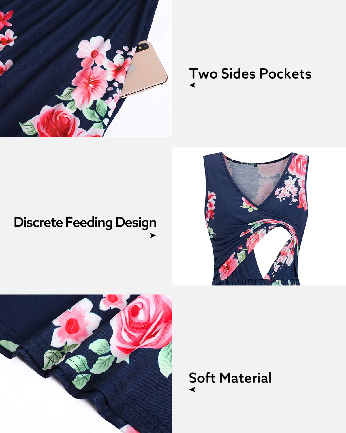 OUGES Abito Estivo Premaman da Donna Abito da Allattamento in Cotone Abiti Primaverili Casual in Gravidanza con Tasche