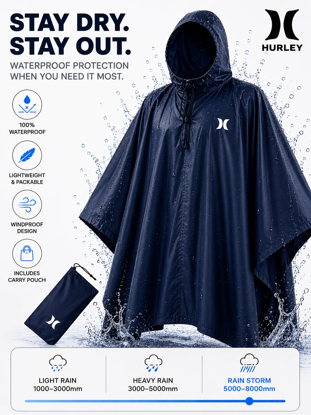 Hurley Poncho per adulti – Poncho impermeabile per adulti, leggero e ripiegabile per escursionismo, campeggio ed emergenza