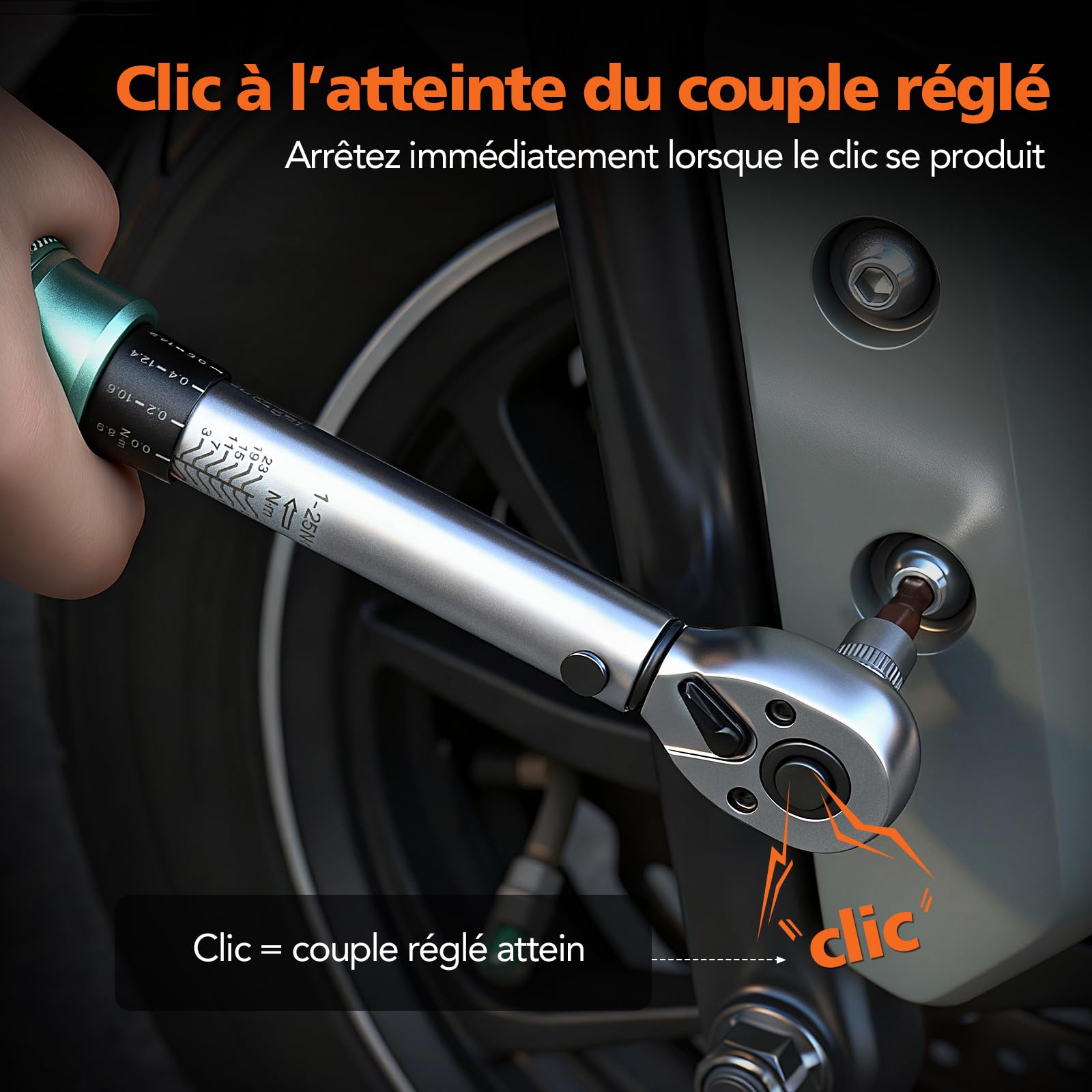 Clé Dynamométrique 1/4" 1-25Nm pour Vélo et Moto | Précision ±3% | Mécanisme à Clic Réversible 72 Dents | Kit d'Entretien avec Douilles Allen, Barre d'Extension, Adaptateurs