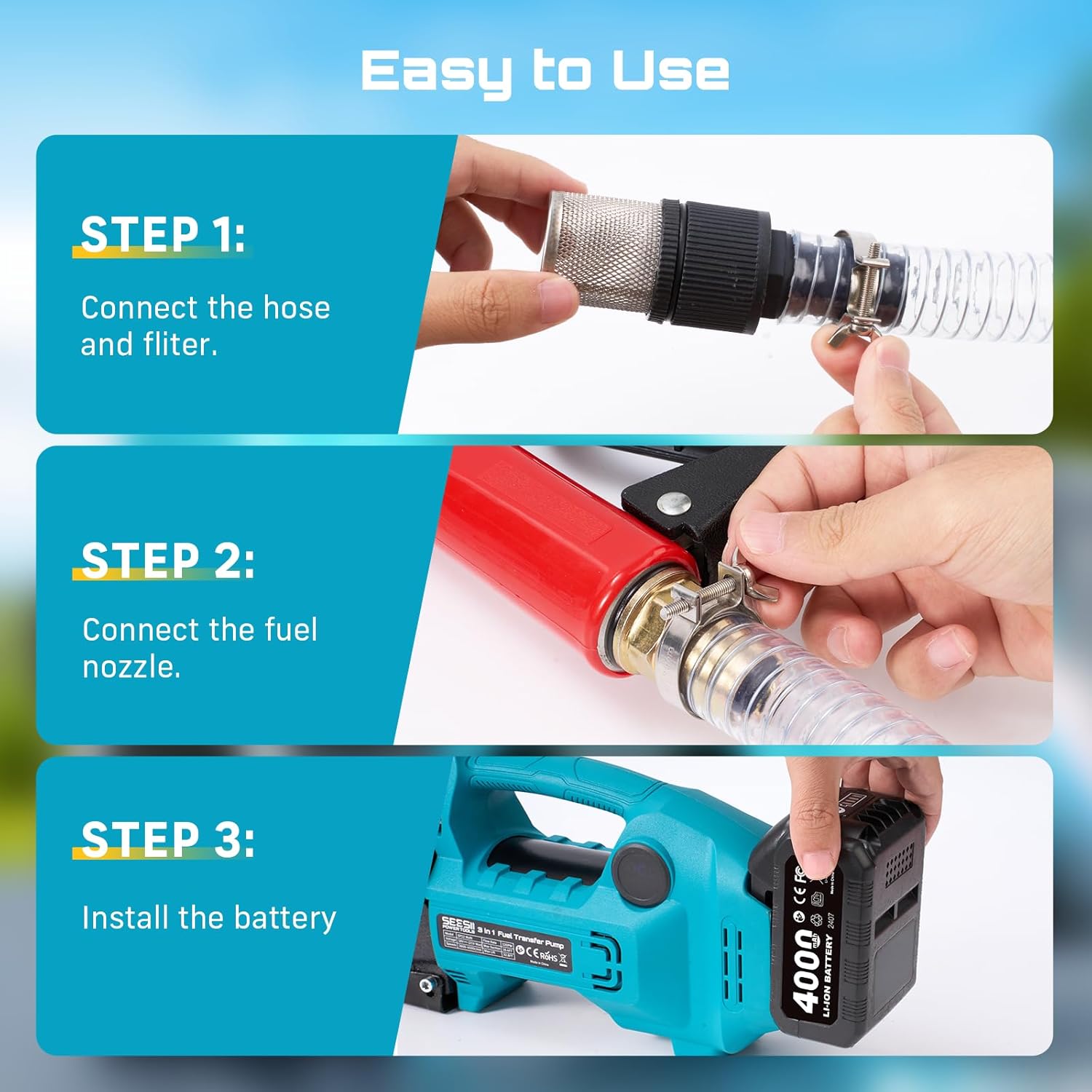 SEESII Diesel Transfer Pump Battery Powered: 12GPM Cordless Electric Fuel Transfer Pump Kit w/ 4.0Ah Battery & Auto-Stop Nozzle, 2 Hoses & Filter for Diesel Kerosene Portable Fueling on Farm Boat Home