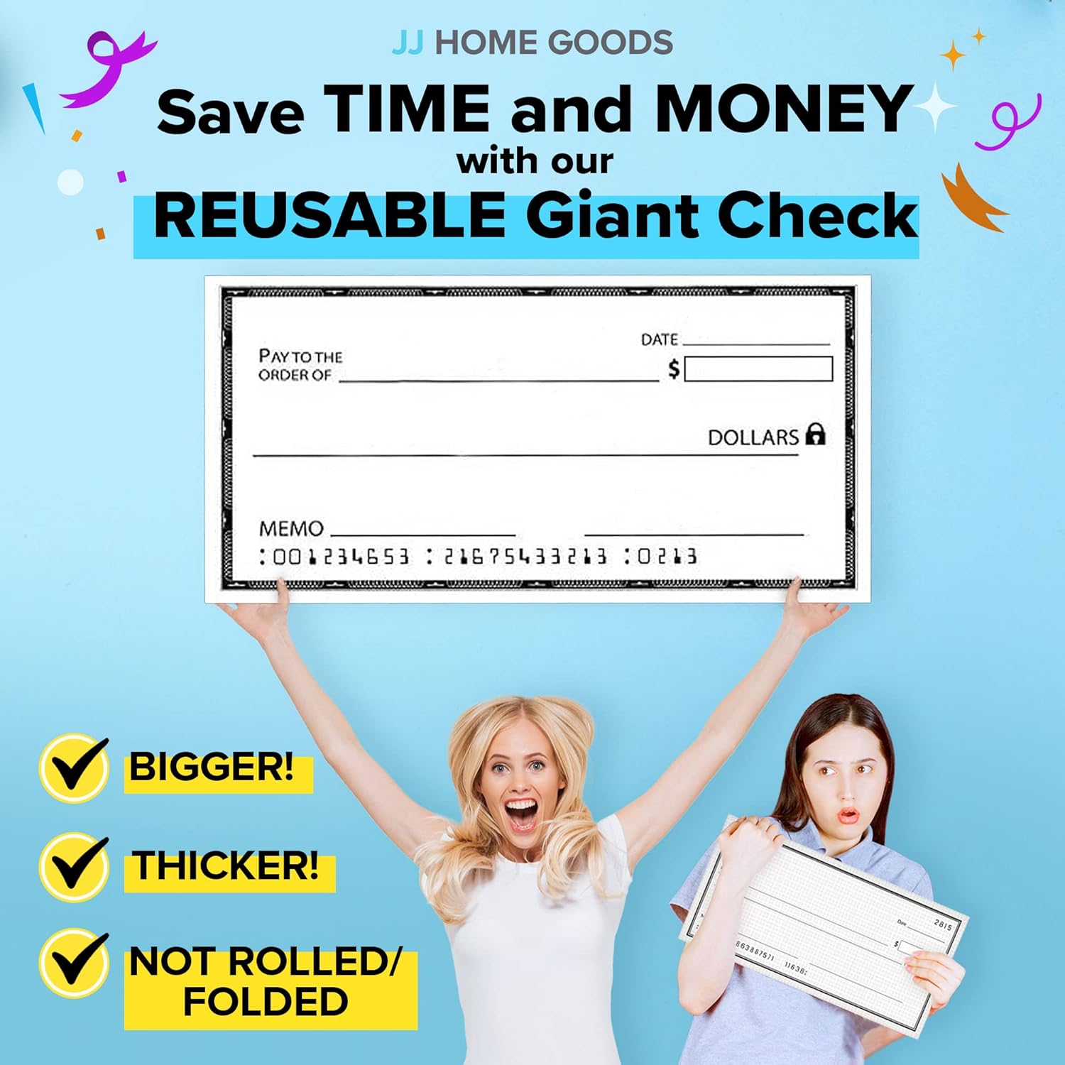 reusable giant check [48" x 24"] - dry erase big checks for presentations, oversized checks for presentation, novelty big check, giant big fake check, large checks for presentations, donation, awards 48"w x 24"h