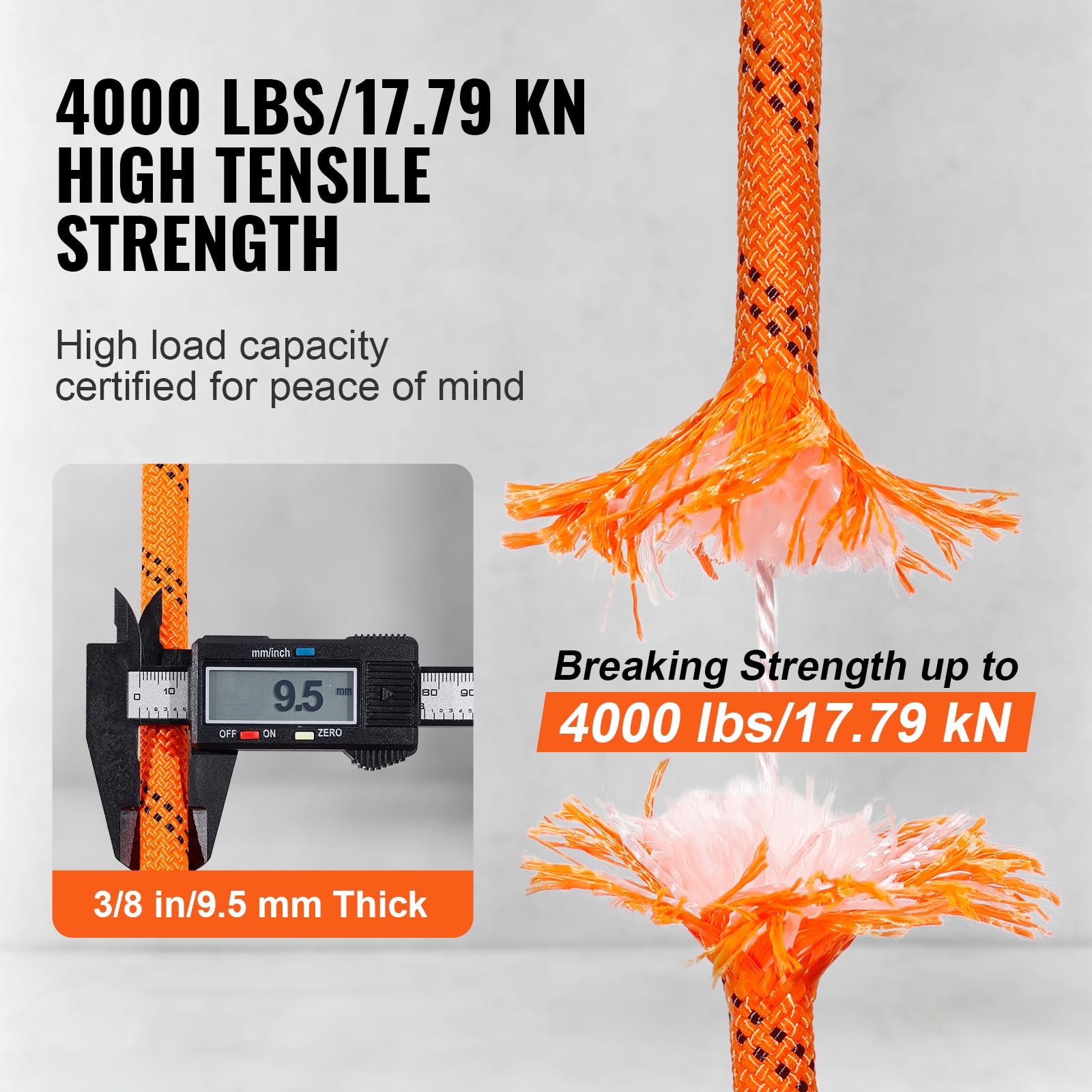 VEVOR Corda in Poliestere Doppia Intrecciata, 48 Trefoli, 17,79 kN Resistenza alla Rottura, Arrampicata Arborist Escursionismo, Roccia Campeggio Altalena Discesa 9,5 mm x 36,57 m, Arancione e Nero