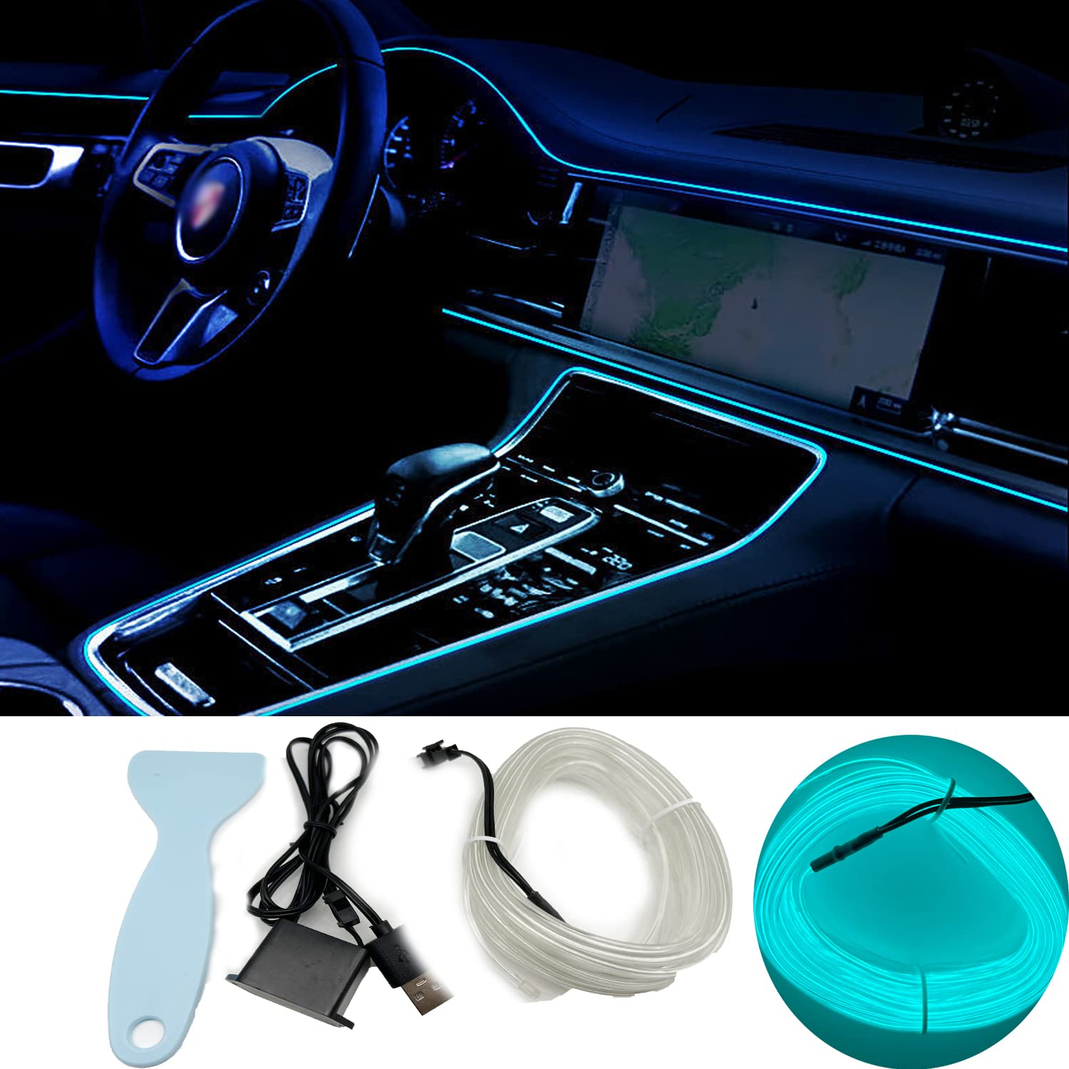 iHMeiju EL Wire Interior Car LED Strip Light, USB Auto Neon Light with Sewing Edge, 16ft lectroluminescent Ambient Lighting Kits Fuse Protection for Car, Garden, Decorations. (Ice Blue ）