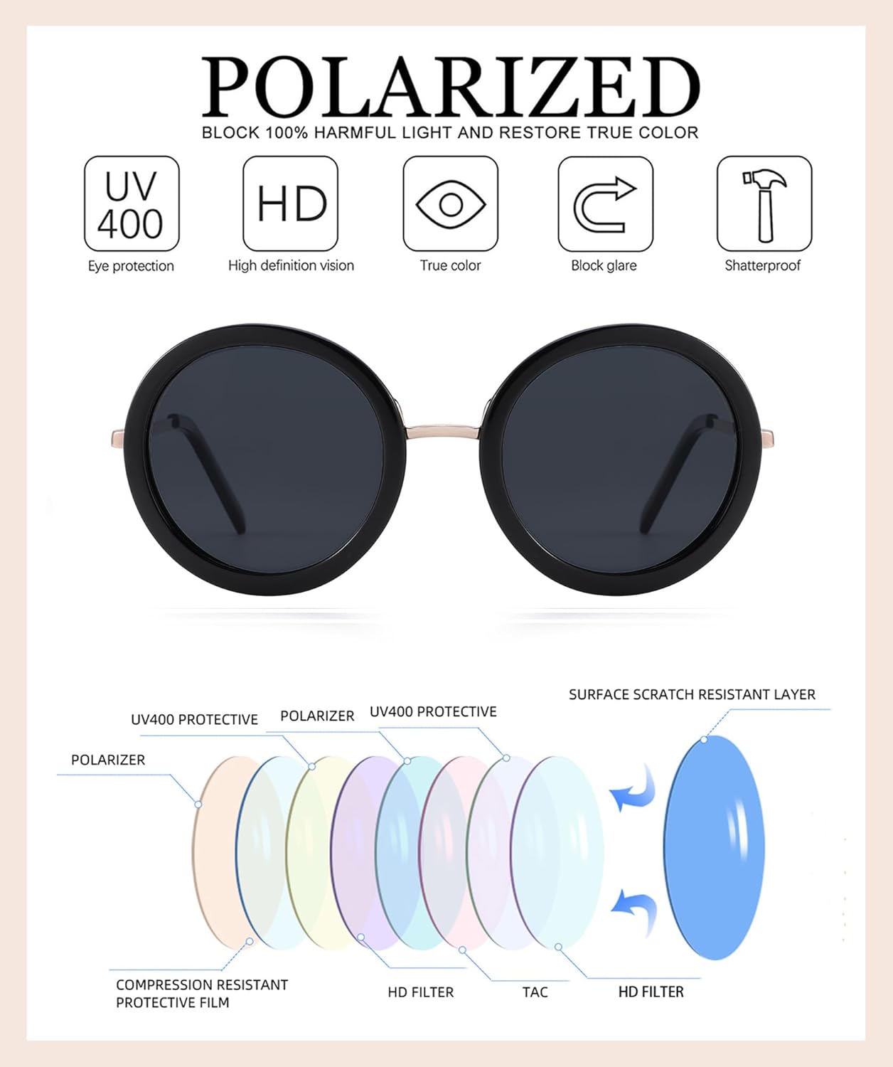 JOOX Polarized Retro Round Sunglasses for Women, Vintage Oversized Ladies Sun Glasses with 100% UV Protection Lens - Image 7