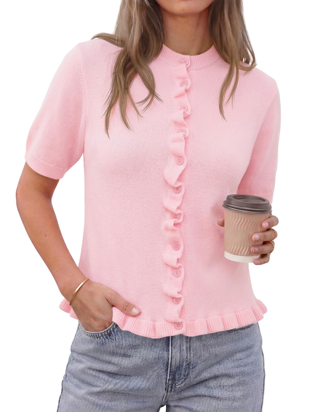 Womens Ruffle Cardigan Puff Short Sleeve Cute Summer Button Down Lightweight Soft Knit Crewneck Sweater Tops-image-18