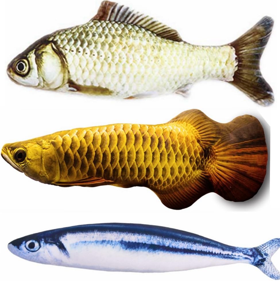 3PCS Simulation Fish Cats / Small Puppy Dogs Toys Catnip Pet Sets Doll Interactive Pets Toy Throw Plush Pillow Chew Bite Play Fetch Toy Grass carp Saury Arowana (3-Pack)