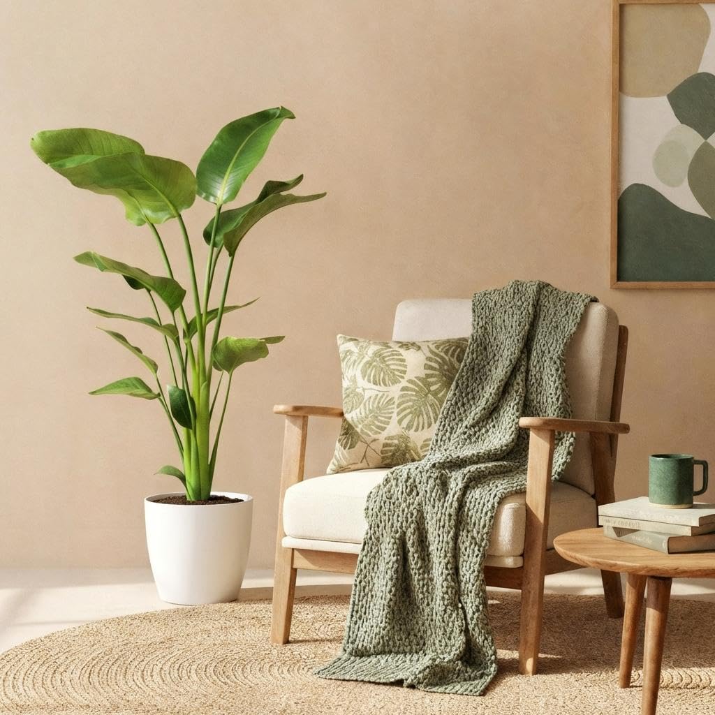 Green boutiQ - Zimmerpflanzen - Strelitzia Nicolai - Paradiesvogelblume - Geringer Pflegeaufwand - Grün - 1 Pflanze - mit Potter Weiß - Topf 21cm - Höhe 110-120cm