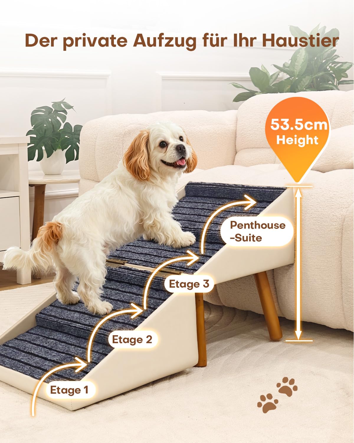 Hunde Treppe für kleine Hunde und Katzen für Couch und Bett, Klappbare 2-in-1 Haustier Schritte aus Holz und Leder für Welpen, Split Ottoman Design (Cremefarben-43,5 cm hoch)