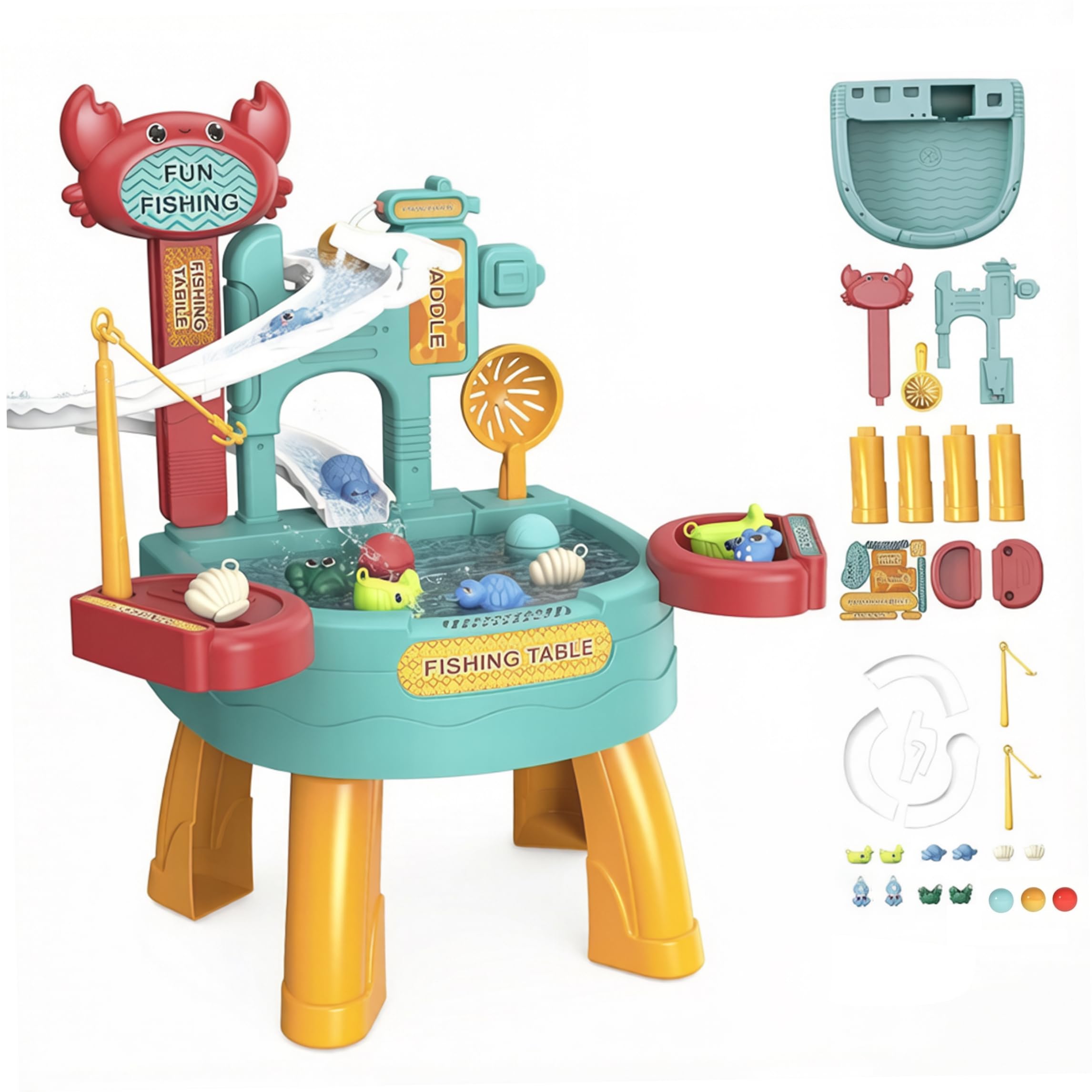Mesas de agua de arena, mesas de agua para juegos al aire libre para niños, mesa para niños de 34 piezas, fregadero de juego con funcionamiento, pesca con recirculación eléctrica y juguete de cocina