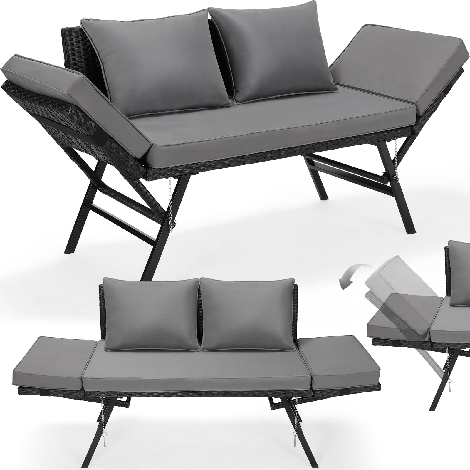 LIFERUN Gartenbank Polyrattan mit Liegefunktion, 2-Sitzer Polyrattan-Möbel, Rattan Gartensofa mit Verstellbare Armlehnen, Gartenbank Wetterfest für Garten, Balkon,Terrasse (Schwarz),2PCS Kissen