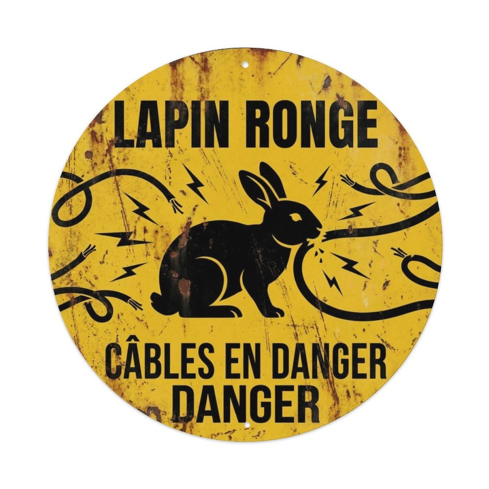 Fqcyn Style Bunny Cable Chewing Warning Round Wall Hanging Metal Tin Sign Plaque Wall Decor For Cafe, Club Bar, Office, Home Garden Round Metal Poster 8X8inch