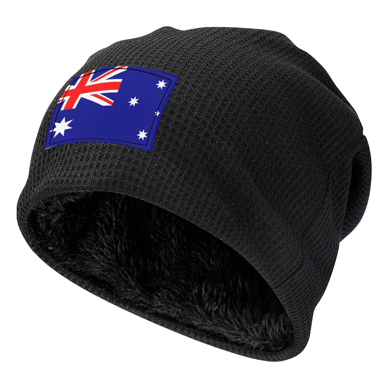 Oudrspo Black Waffle Knit Pullover Hat for Exquisite Australian Flag Pattern Beanie for Winter, Autumn Casual Wear