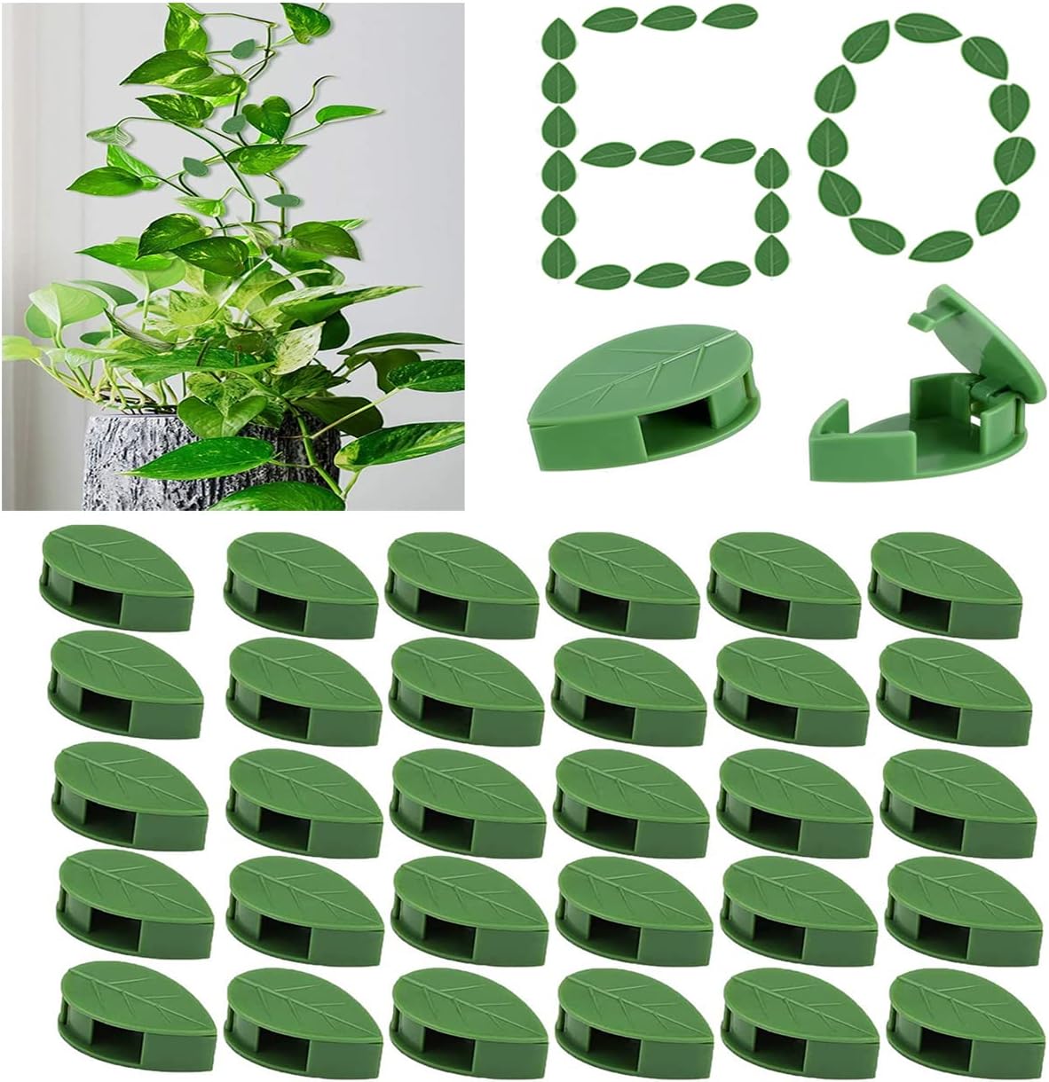 60 Pcs Plant Climbing Wall Fixture Clips Acrylic Self-Adhesive Sticker Fixer Vine Traction Invisible Holder Climbing Plant Green Leaf Vines Hook Fixing Clip Indoor Outdoor Decoration