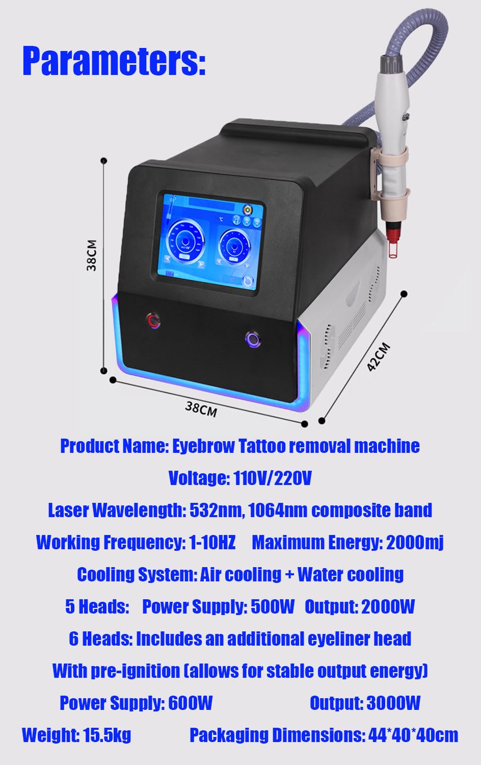 Máquina Profesional para Eliminar Tatuajes, Cejas, Labios y Ojos, tecnología láser de picosegundos, Elimina pigmentos y Manchas, blanquea la Piel y Elimina Manchas Negras. 6heads