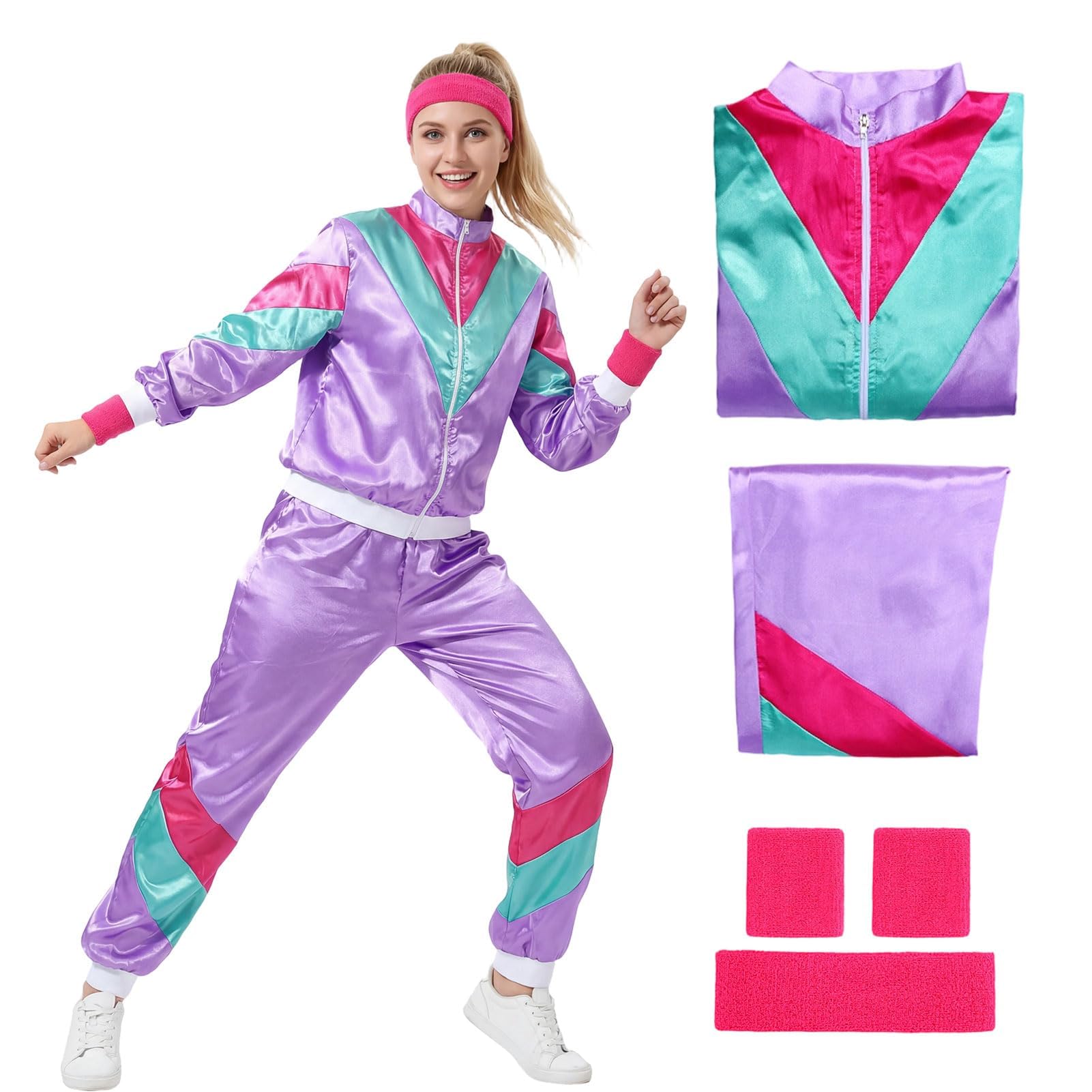 Amycute 80s 90s Retro Shell Suit Tracksuit for Men Women, Neon Disco Fancy Dress Costume with Headband & Wristbands for 80s 90d Theme Party, Hen Do, Festival Outfit(Purple,XXL)