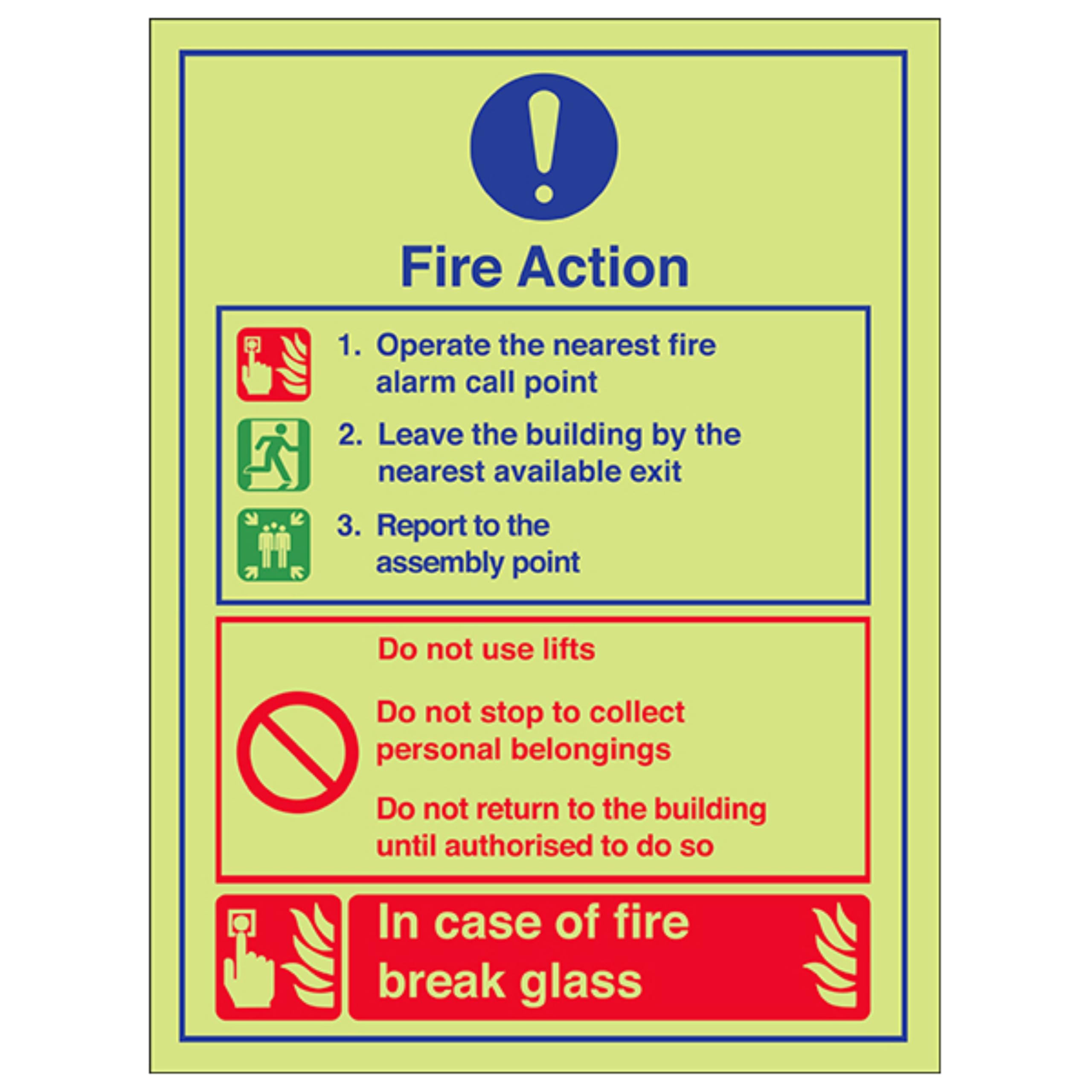 V Safety Glow In The Dark Fire Action/Proceed To Assembly Point Break Glass Sign - 150mm x 200mm - Rigid Plastic