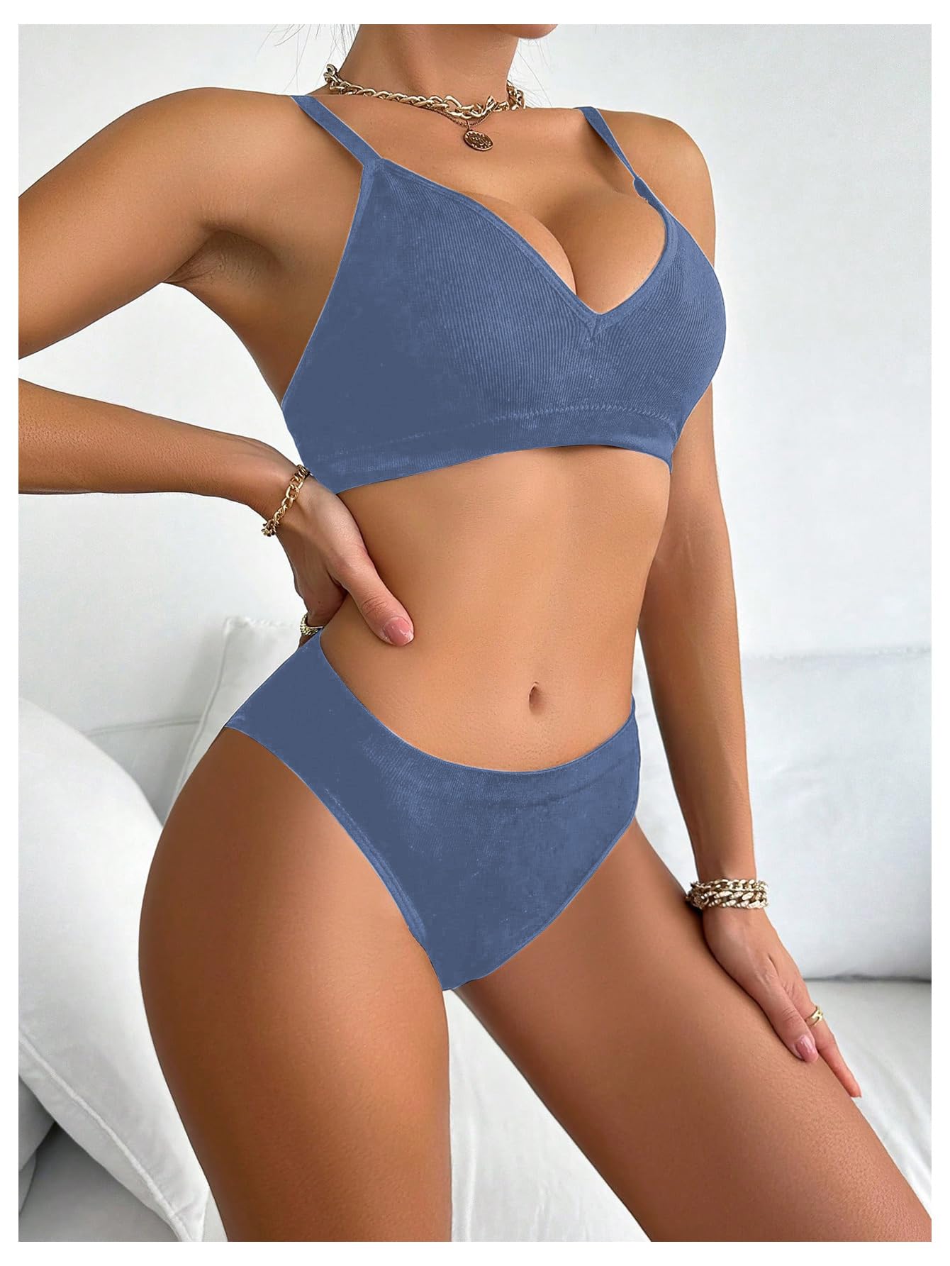 SOLY HUX Women's Lingerie Set 2 Piece Wireless Bra and Panty Underwear Sets: Large Pure Dusty Blue