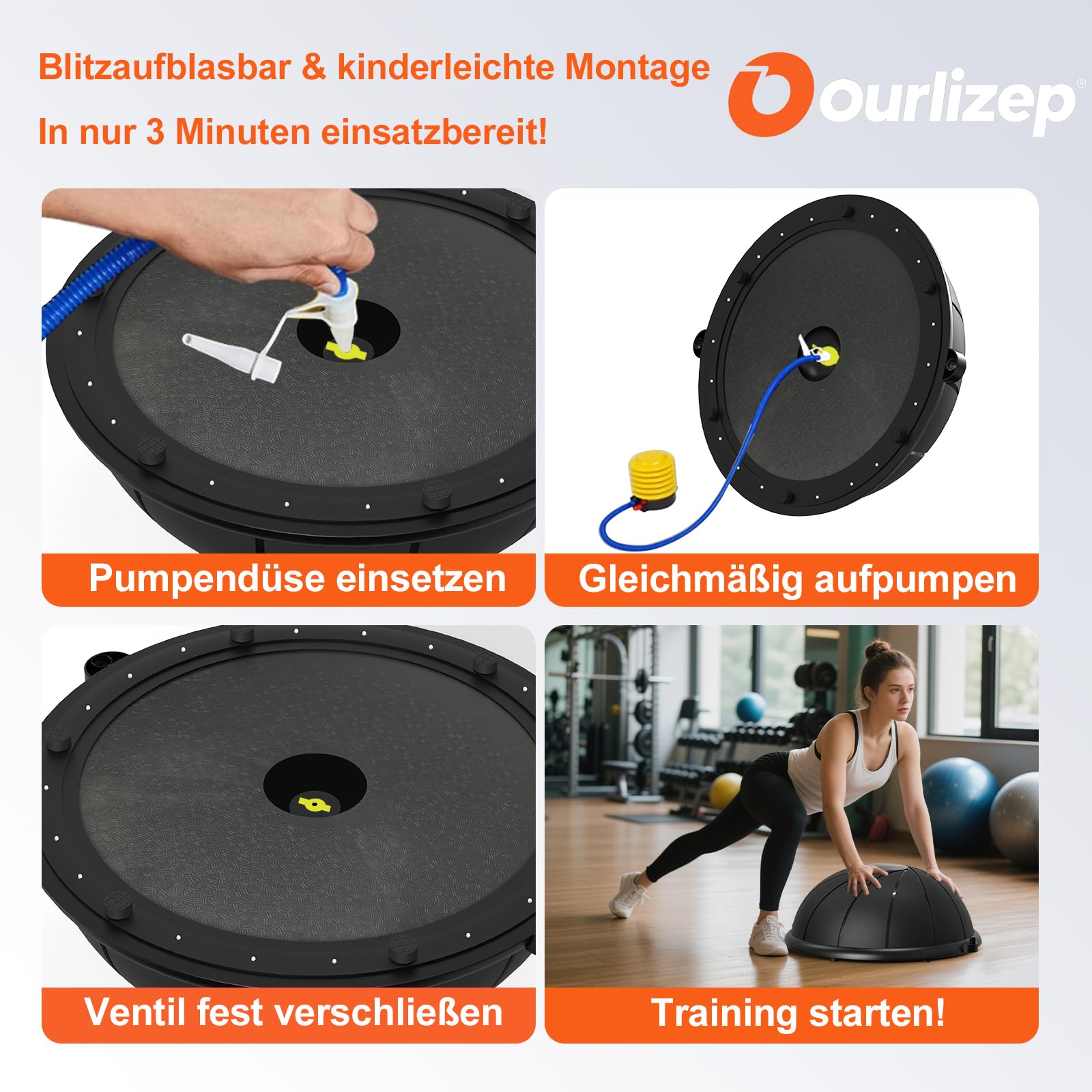 Ourizep Balance Ball bis 300 kg | Trainingsball | Halbkugel mit Expander und Pumpe | rutschfest | Yoga Ball für Krafttraining | 60 cm