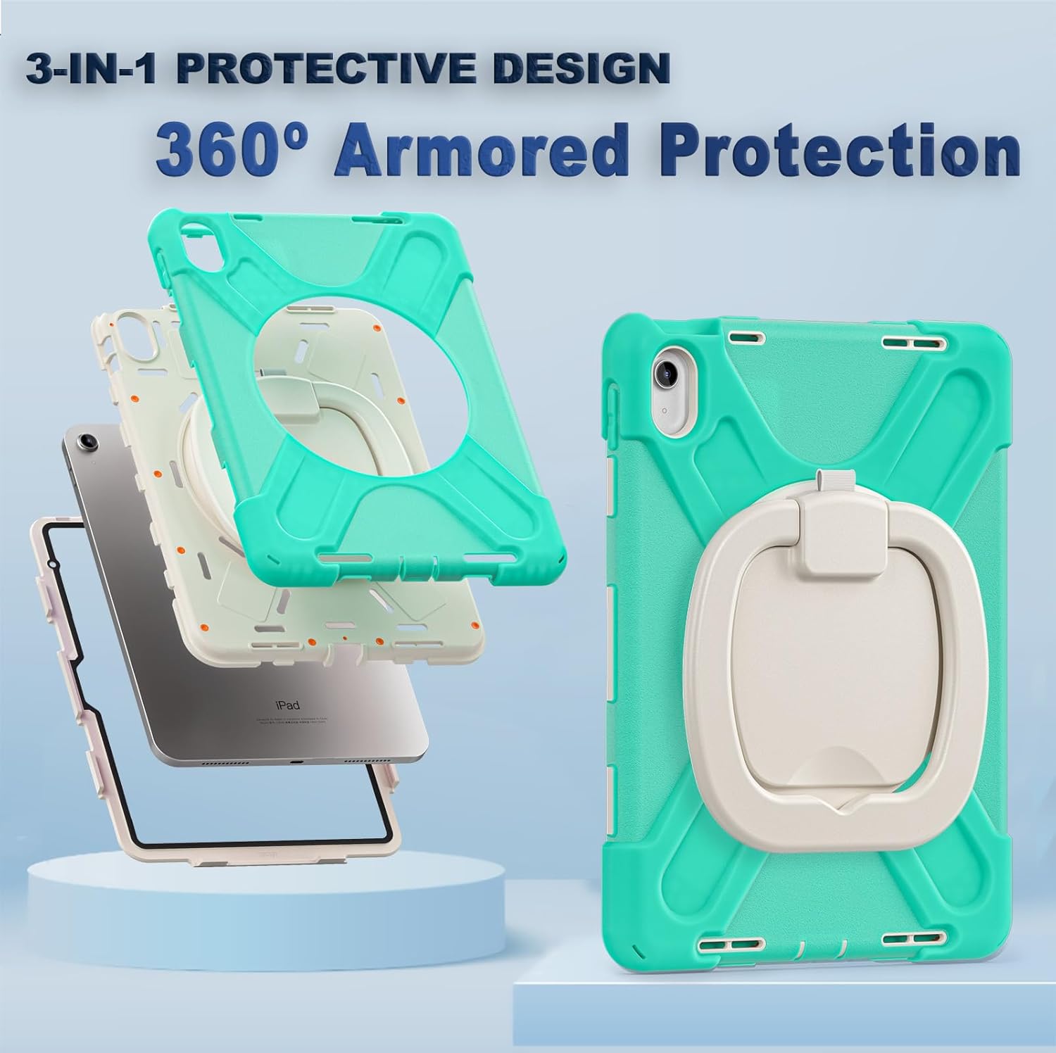 for iPad (A16) 11th/10th Generation Case 2025/2022 (11″/10.9″),Heavy Sturdy Shockproof Kids Case with Screen Protector,Rotating Stand/Pencil Holder/Shoulder Strap (Mint Green)