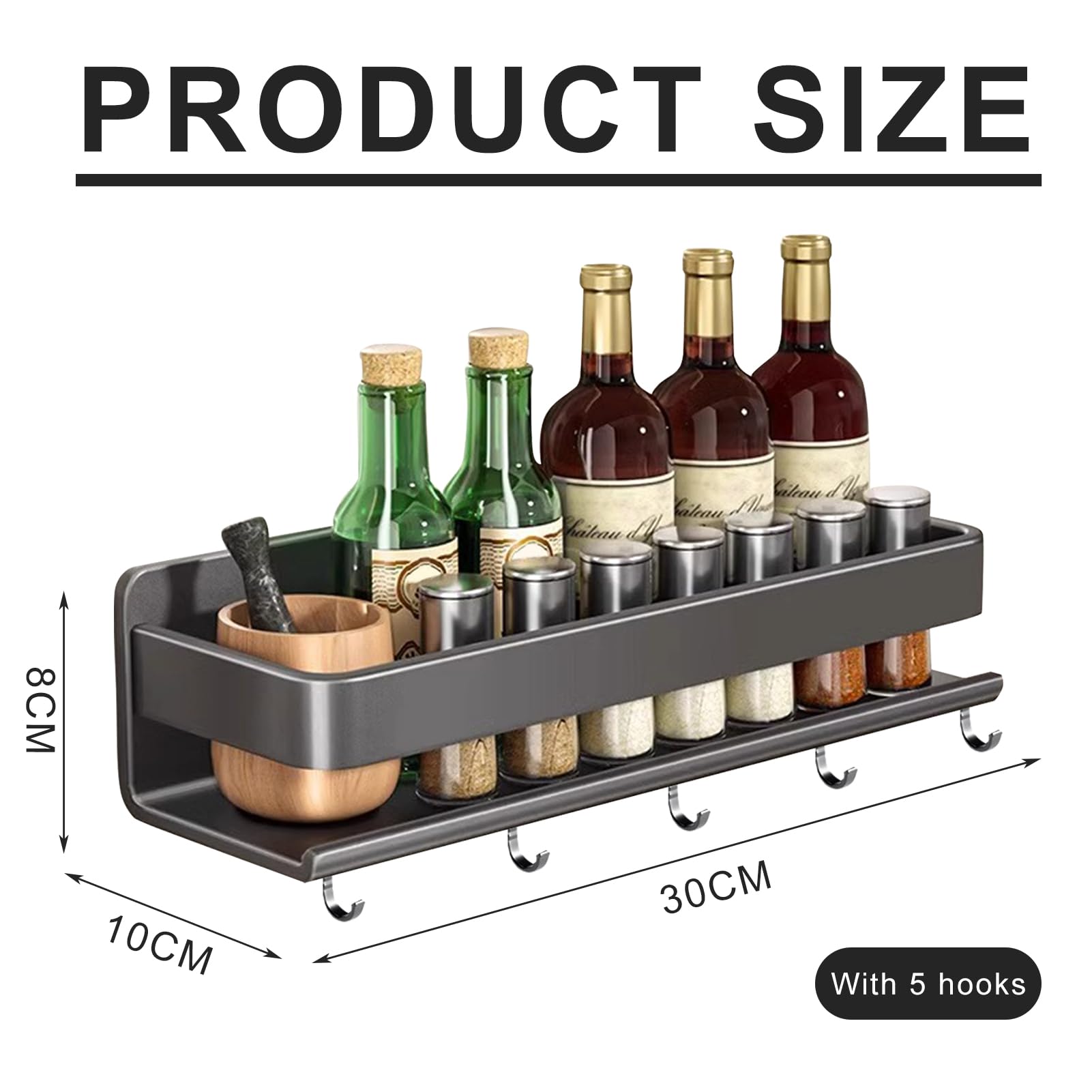 Especiero de pared para cocina, sin taladro, diseño colgante con ganchos, acero inoxidable, estante de cocina que ahorra espacio (B, 30 cm)