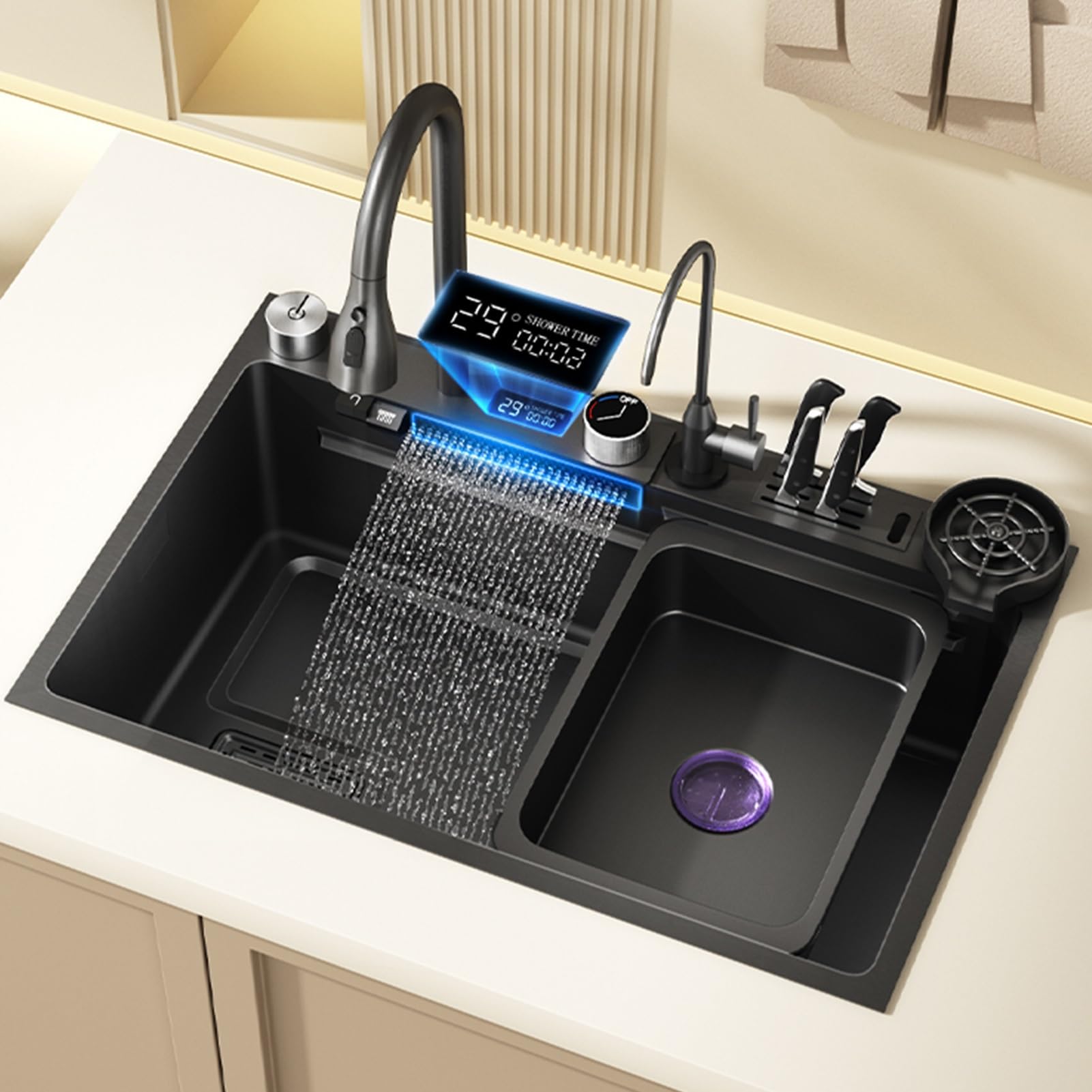 WIQUYBML Single Bowl Workstation Sink, Stainless Steel Waterfall Kitchen Sink Set With Digital Display Pull-Out Faucet, Cup Washer, Control Knobs (Color : Black-Grey, Size 75x46cm)
